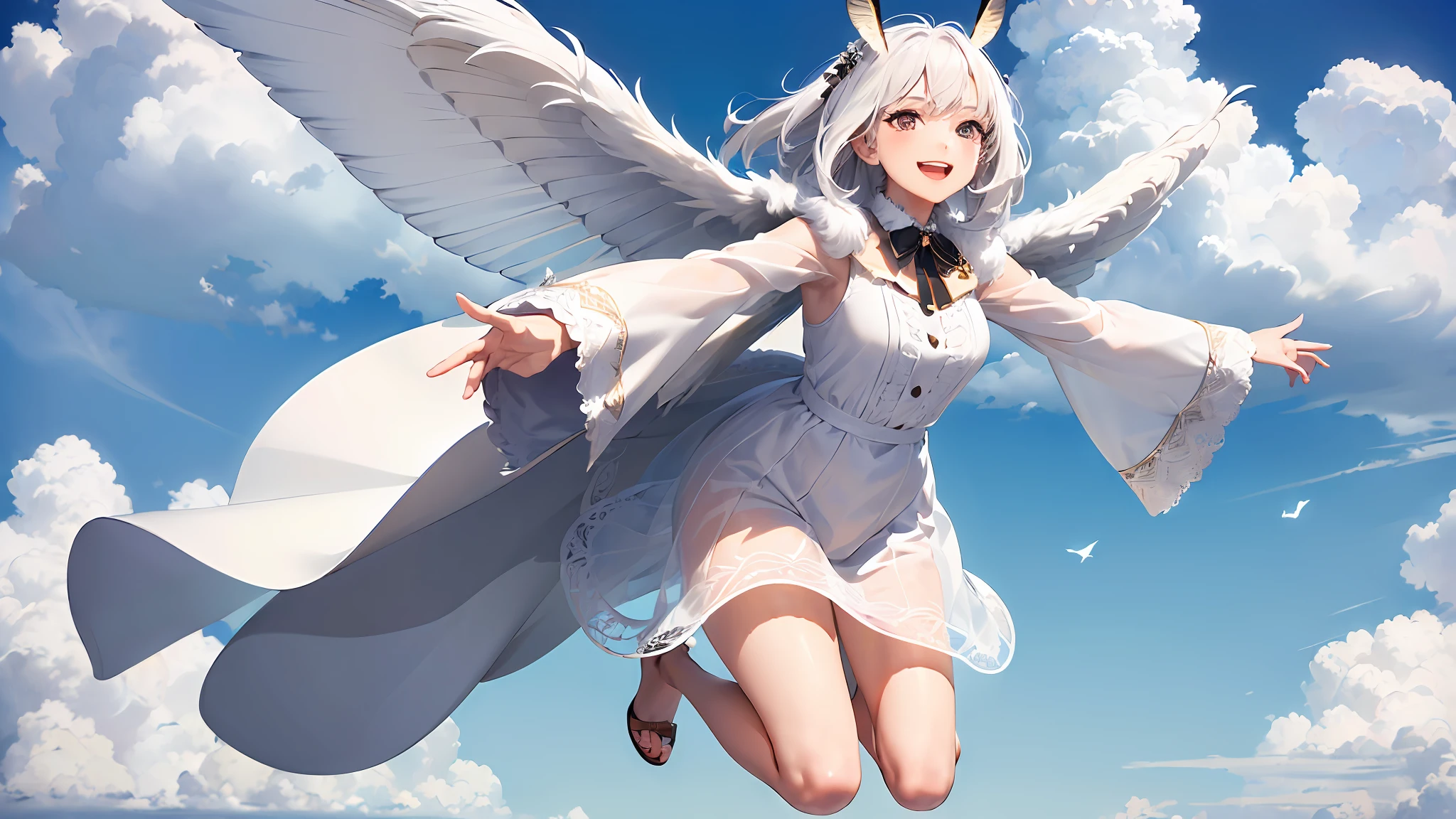 (masterpiece, best quality, ultra-detailed, best shadow), (detailed background, full body, wide shot, sky, clouds, flying, smiling, open mouth, outstretched arms, looking at viewer, ), (beautiful detailed face, feminine features), (best illumination), ((cinematic light)), colorful, hyper detail, dramatic light, intricate details, (mothgirl, white hair, black eyes, neck fur, white moth wings, casual outfit )
