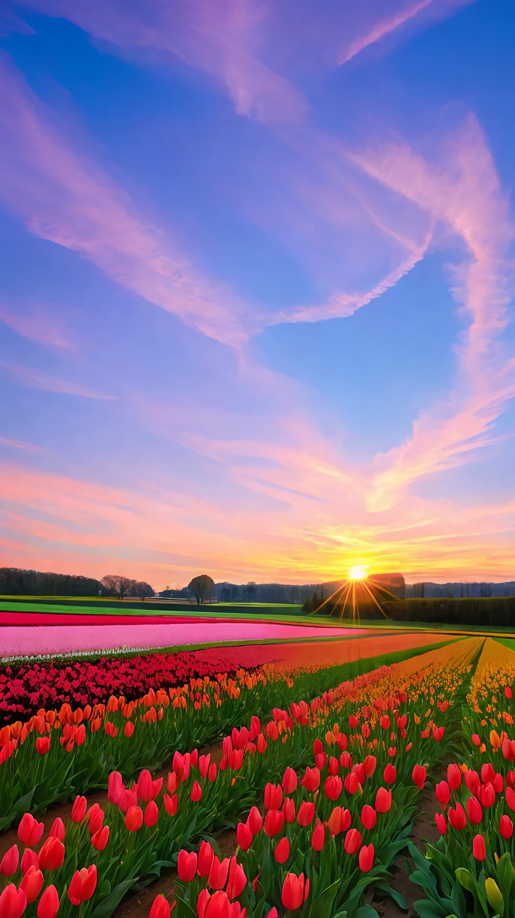 Spring,tulip field,sunset,beautiful sky,
distant viewwide angle