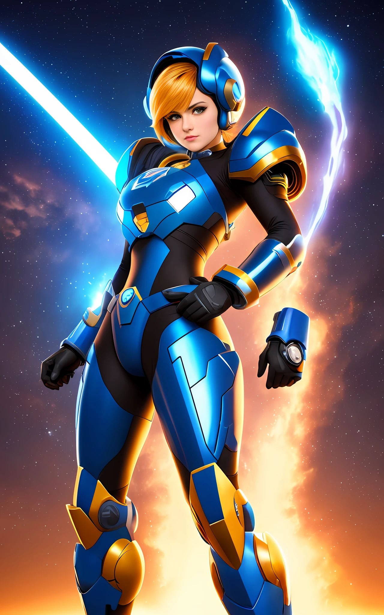 Create a 16k resolution image, Unreal Engine 5, Disney style, Super Metroid style, Mega Man-X style, with very detailed eyes, very detailed face, of a woman doing hybrid cosplay of Mega Man-X/Samus Aran/Seiya of Pegasus with Sagittarius armor, short blue hair, wearing helmet, extremely detailed eyes, futuristic weapons, background:  Futuristic city being destroyed, looking at the viewer with facial expression of total hatred