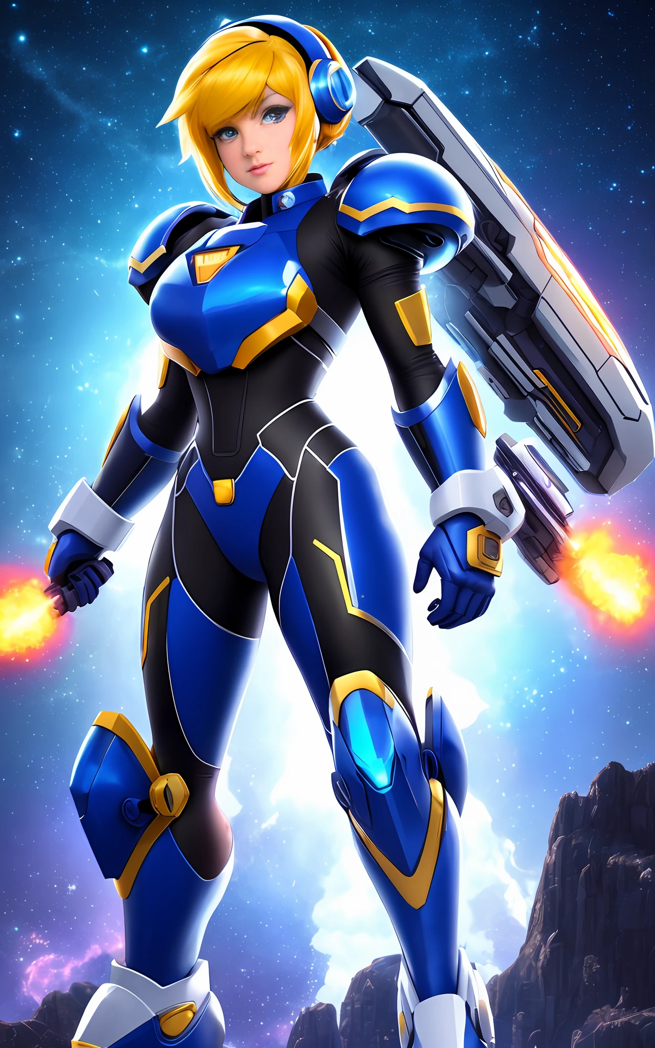 Create a 16k resolution image, Unreal Engine 5, Disney style, Super Metroid style, Mega Man-X style, with very detailed eyes, very detailed face, of a woman doing hybrid cosplay of Mega Man-X/Samus Aran/Seiya of Pegasus with Sagittarius armor, short blue hair, wearing helmet, extremely detailed eyes, futuristic weapons, background: Futuristic city being destroyed, looking at the viewer with facial expression of total hatred