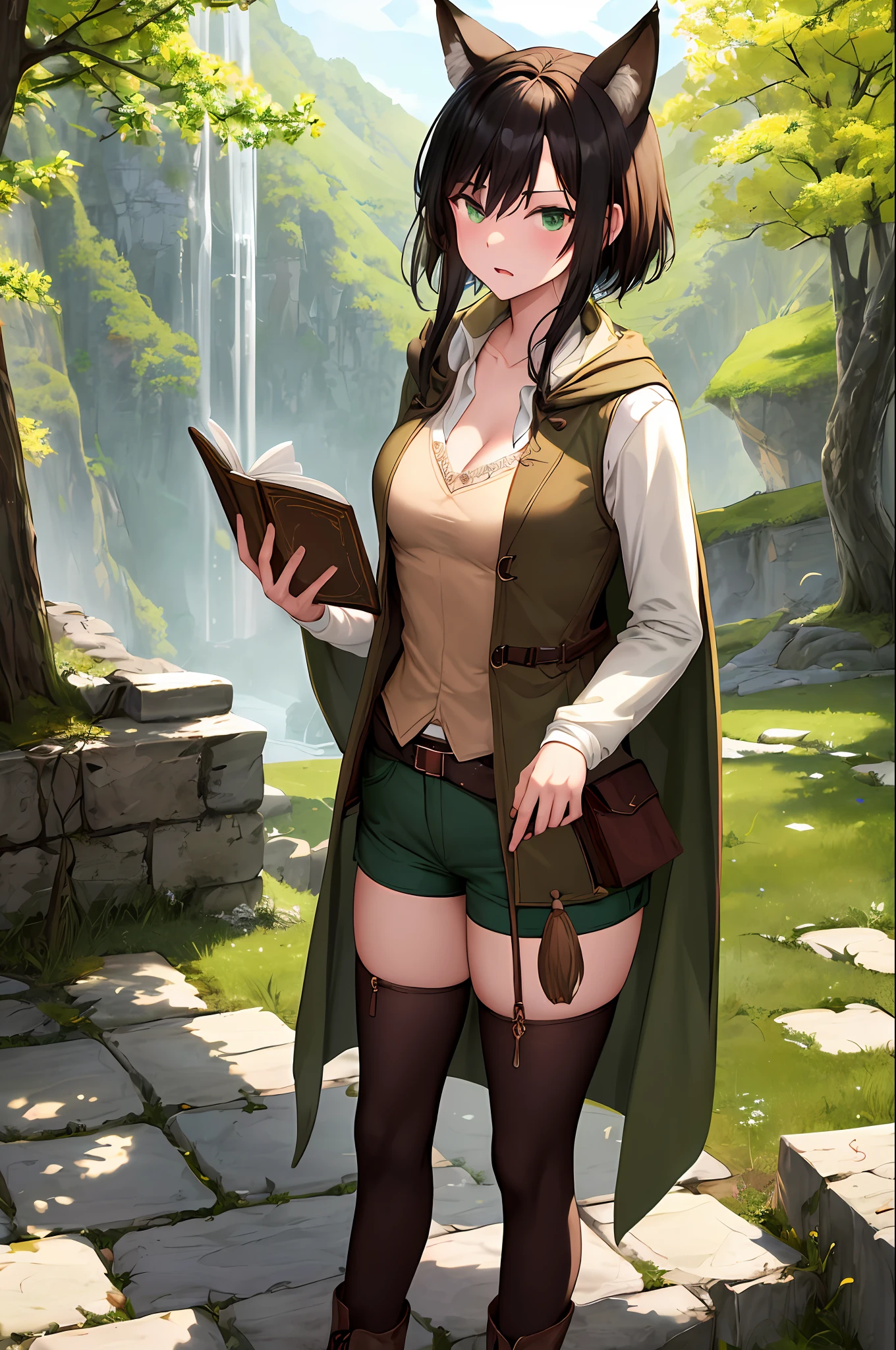 masterpiece, best quality, highres, ah1, whiskers, fox tail, brown scholar's clothes, brown vest, short dark green shorts, light green cloak, long sleeves, thigh highs, ruins scenery, standing, cowboy shot, short black hair, reading a book, cleavage, tall boots, solo, ((Puzzled expression)), 1girl, solo