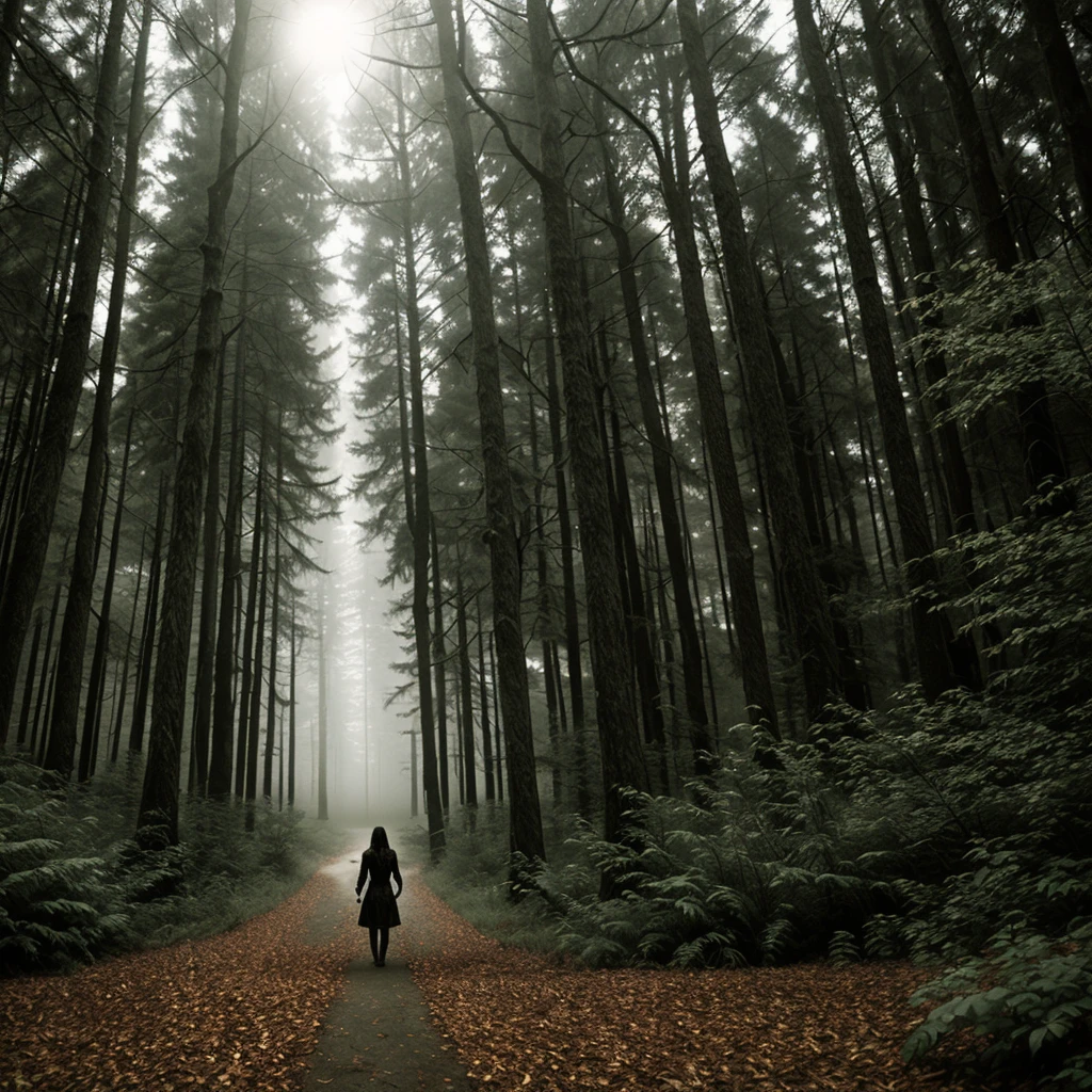 Cover for horror movie Woman entering haunted forest at night with mist