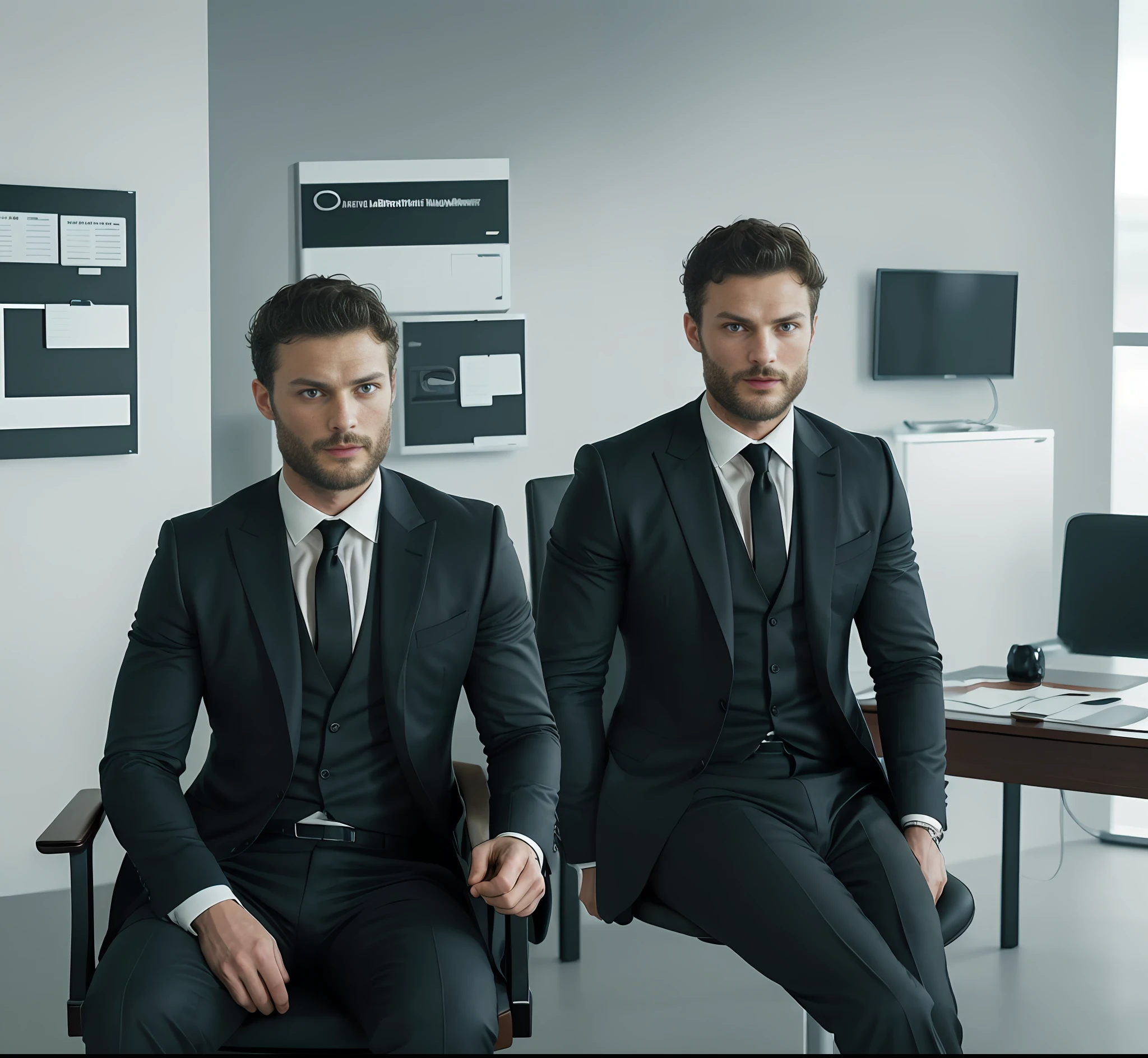 (Man ceo sitting in office chair), Wearing suit, (Beard and attractive) movie scene, (Impeccable), Serious and elegant man, Actor Jamie Dornan, with thick male eyebrows, secret agent 007 man style, (with mysterious and serious face,) short dark hair, elegant and elegant, body fit and strong fit in suit, Man similar to actor Jamie Dornan, ( high quality and realistic image), ((Best Quality, 8k, Masterpiece).