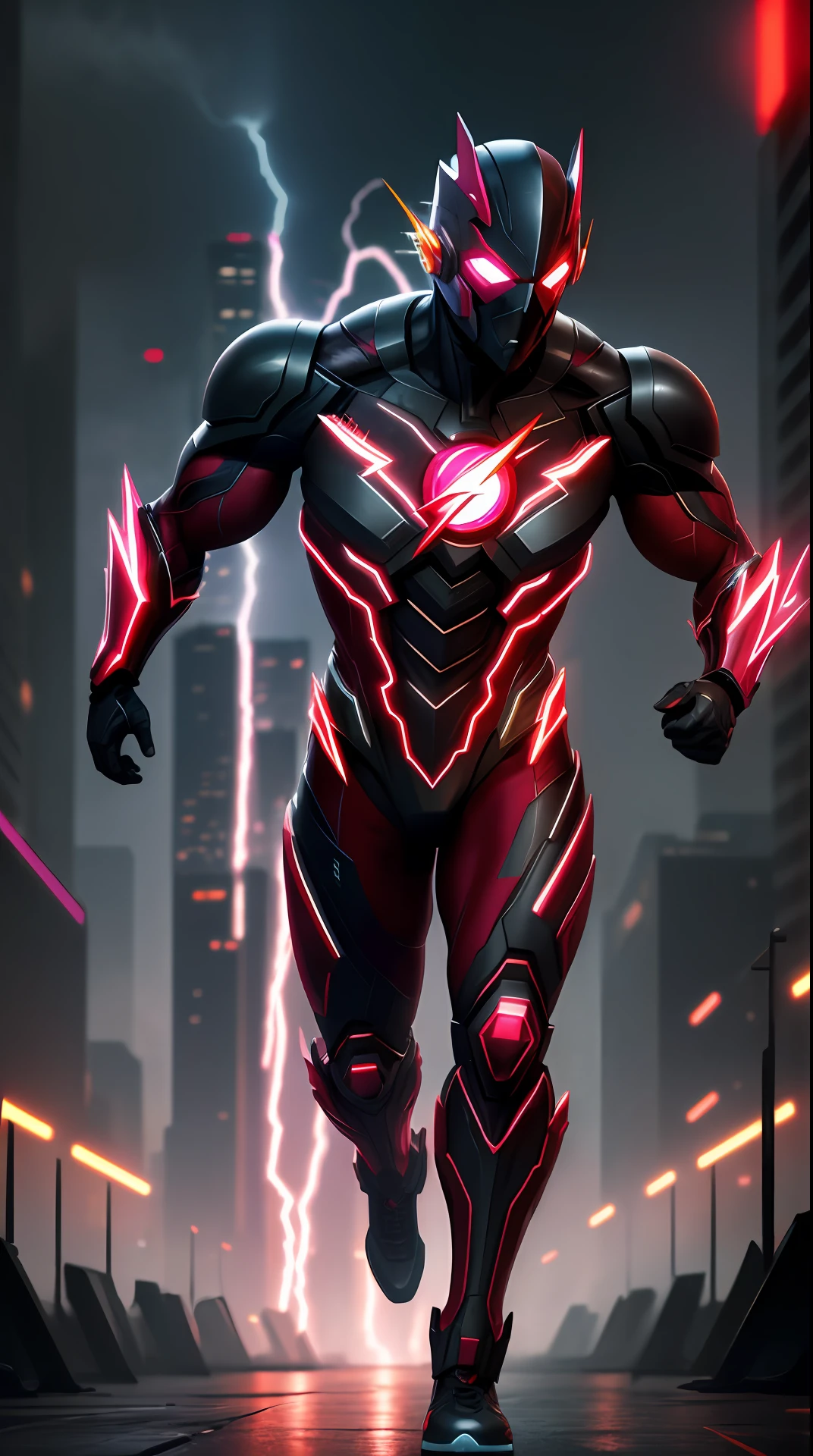 cyberpunk the flash , dark armor, invoked mask,glowing red eyes, bodybuilder, running, in the background a city, lightning in the sky, ultra details, ultra realistic, cinematic , octane render, 16k