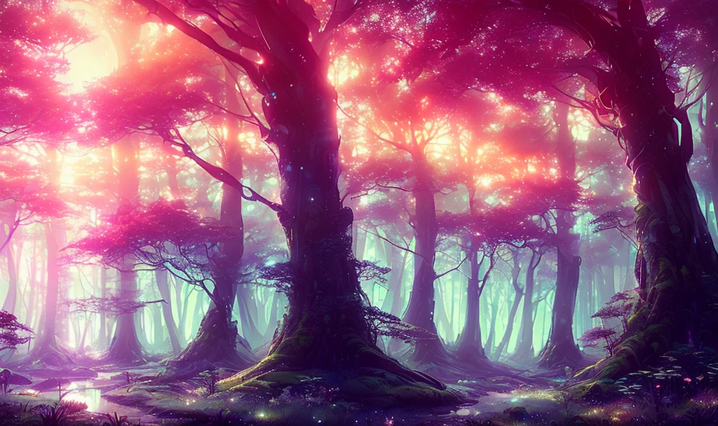 a gorgeous magical forest, sunset , spectacular, breathtaking, gorgeous, beautiful, (lndskp style) and (redshift style:1.2) and (nvinkpunk:1.2)