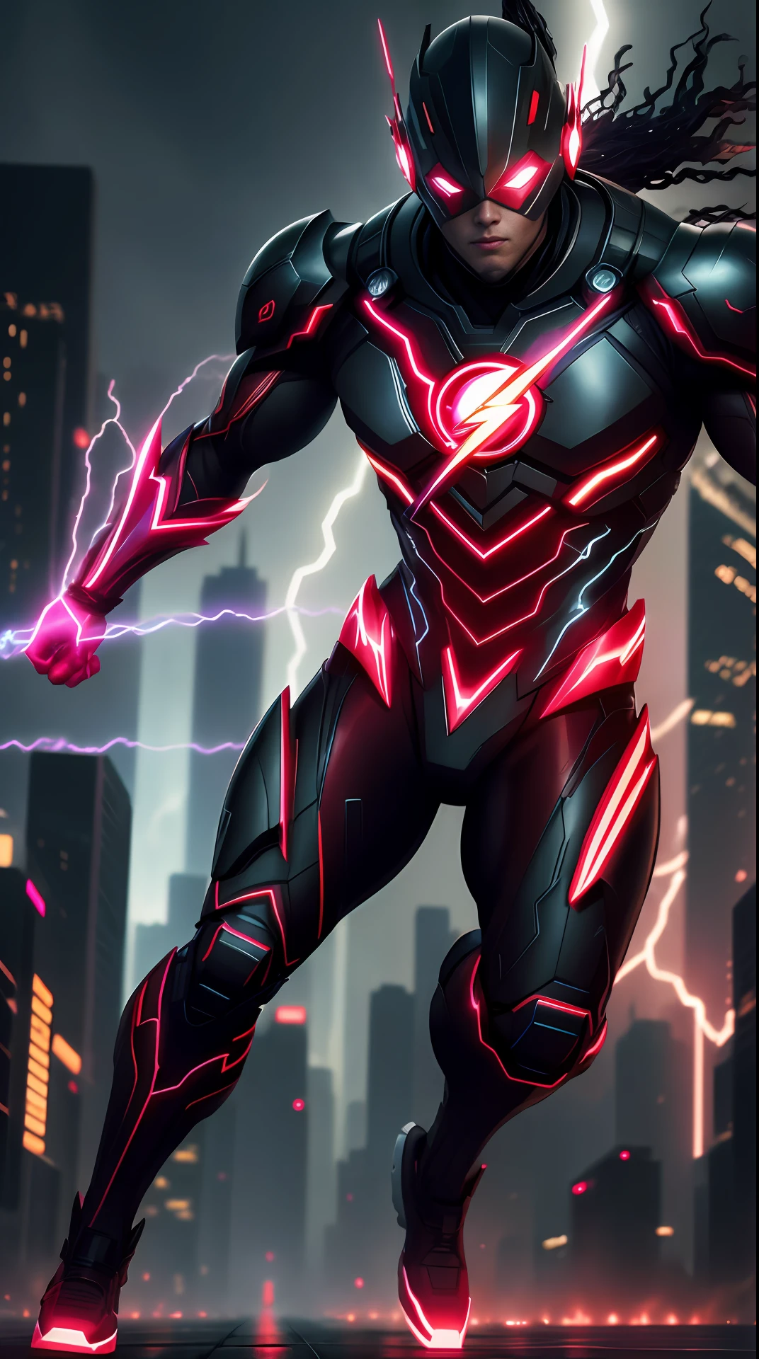 cyberpunk the flash , dark armor, invoked mask,glowing red eyes, bodybuilder, running, in the background a city, lightning in the sky, ultra details, ultra realistic, cinematic , octane render, 16k