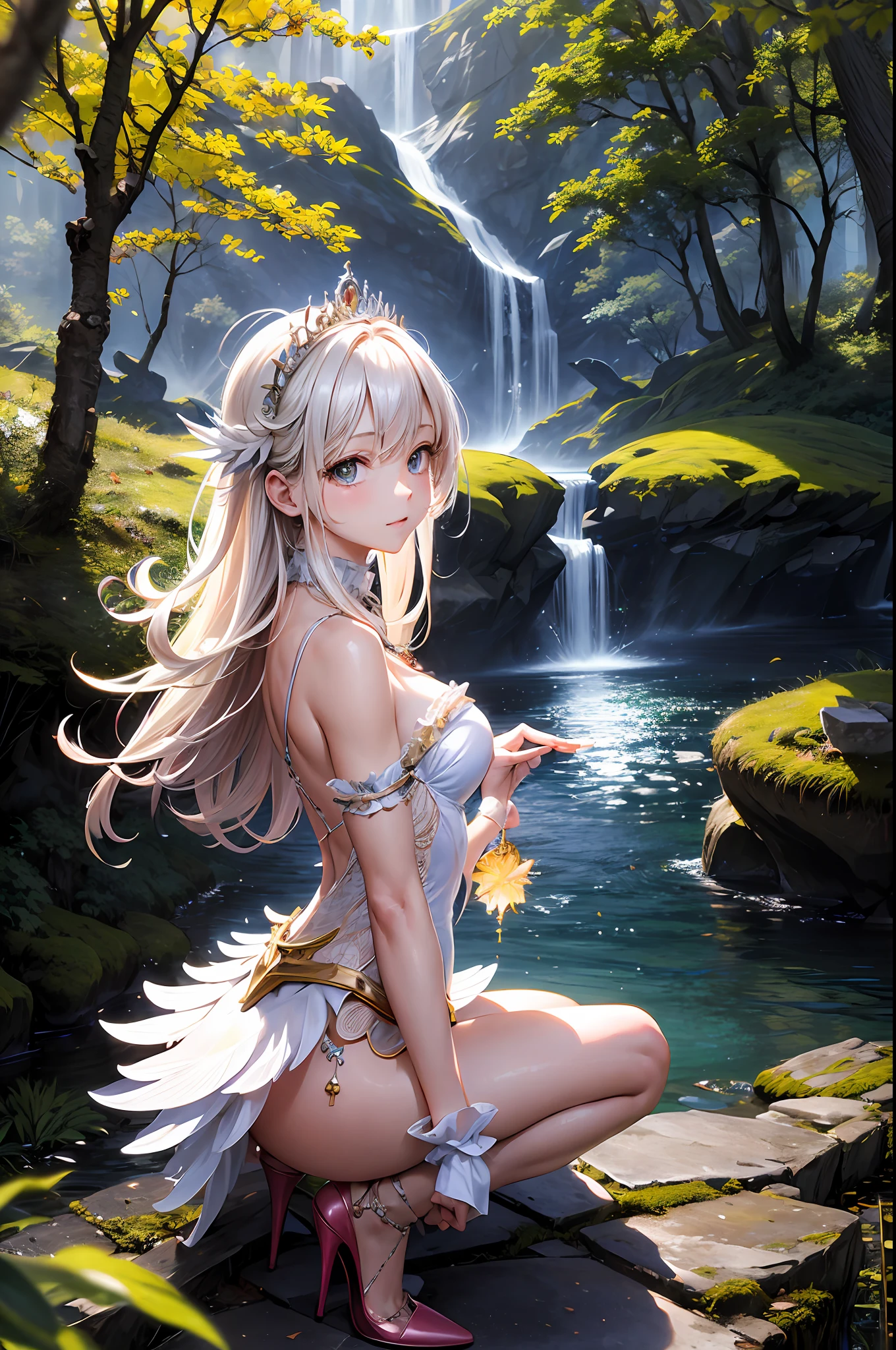 (masterpiece, best quality: 1.2), 1 girl, solo, cute, kawaii, digital art, magic circle, platinum blonde hair, fine eyes, shy look, sweat, frilly dress, pink color scheme, high heels, white Gloves, heart necklace, tiara, wand wielder, dragon, forest, fire breath, wings, scales, sharp claws, pointed tail, trees, moss, sunbeams, fallen leaves, bushes, rocks, rivers, bridges, night Clouds, starry sky, wind, rustle of leaves,