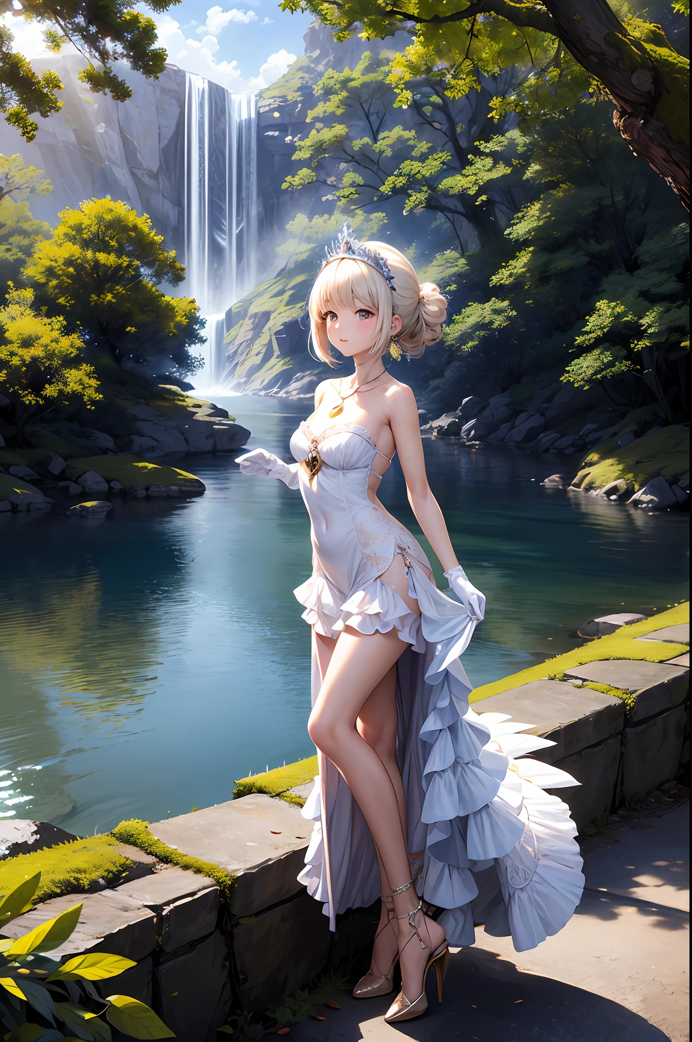 (masterpiece, best quality: 1.2), 1 girl, solo, cute, kawaii, digital art, magic circle, platinum blonde hair, fine eyes, shy look, sweat, frilly dress, pink color scheme, high heels, white Gloves, heart necklace, tiara, wand wielder, dragon, forest, fire breath, wings, scales, sharp claws, pointed tail, trees, moss, sunbeams, fallen leaves, bushes, rocks, rivers, bridges, night Clouds, starry sky, wind, rustle of leaves,