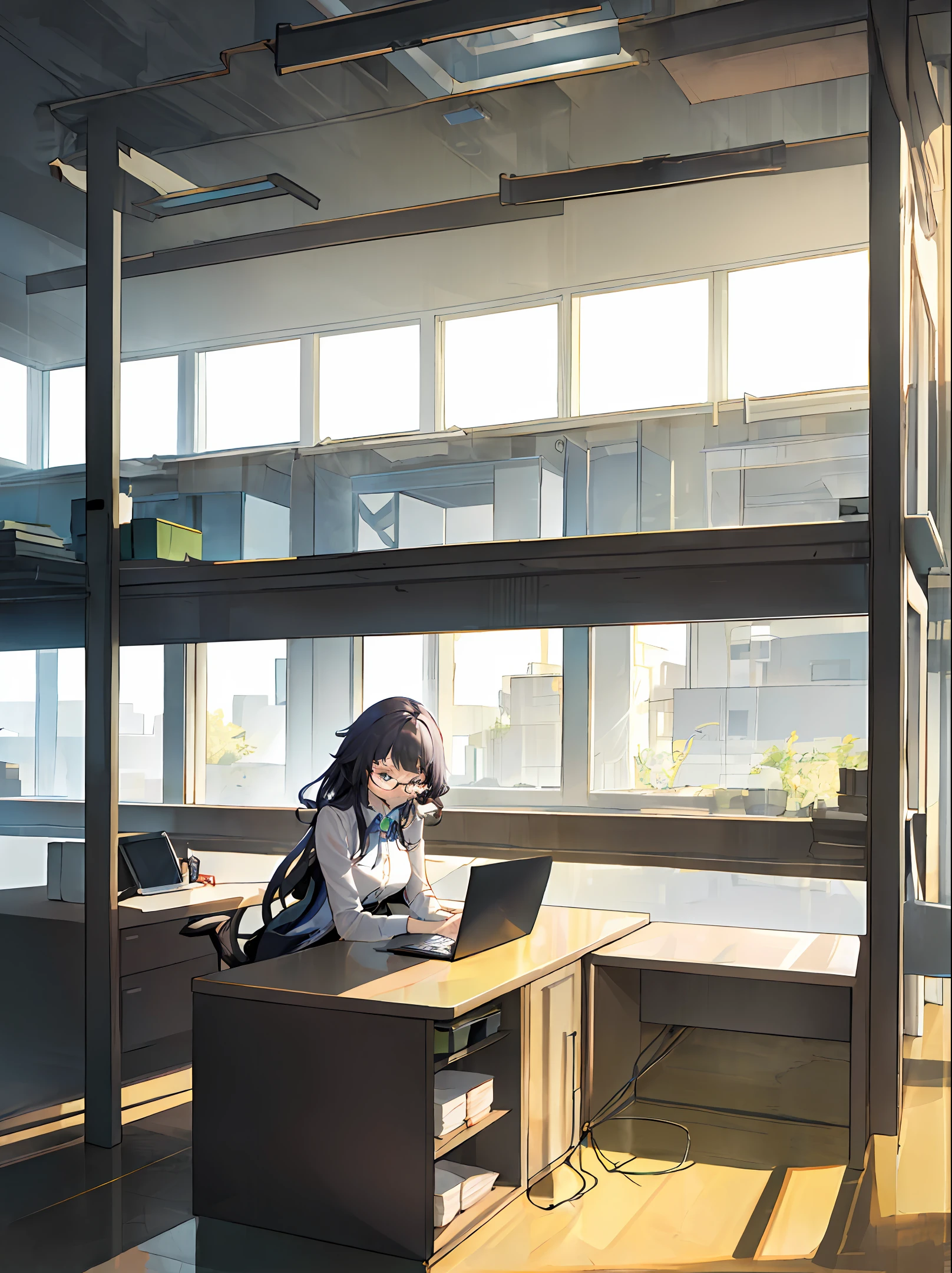 A talented young architect named Sofia is immersed in her work in a dynamic and inspiring office. Her black curly hair frames her face as she wears her round glasses, demonstrating her dedication to detail. Wearing a vibrant colorful dress, she stands out in the workplace.
Sofia is sitting at her white desk where her laptop is open, revealing her ongoing architectural projects. Beside her, a colorful water bottle keeps refreshing as she focuses on her tasks. The office is an airy, bright space with glass windows that provide a lovely view of the trees and the radiant sun outside.
Around Sofia, other busy people work at their own desks, each involved in different projects and activities. The environment is bustling and brimming with creative energy, reflecting the passion and collaborative work that drives the team of architects. The sunlight that enters the office adds a touch of warmth and vitality, further enhancing the atmosphere of productivity and inspiration.