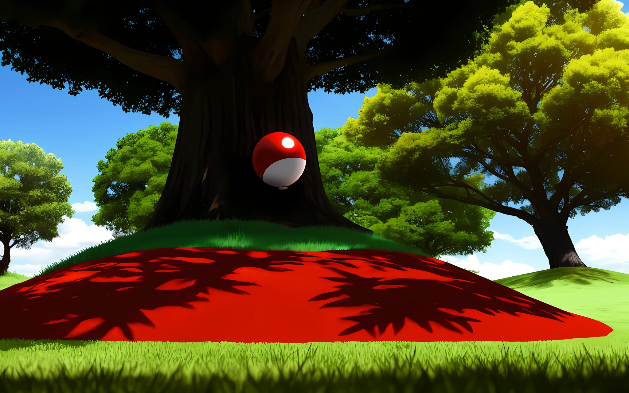 a red poke ball shape ant hill with two white stripes in the center and a huge tree next to it hd , HDR 4k, 8k upscale