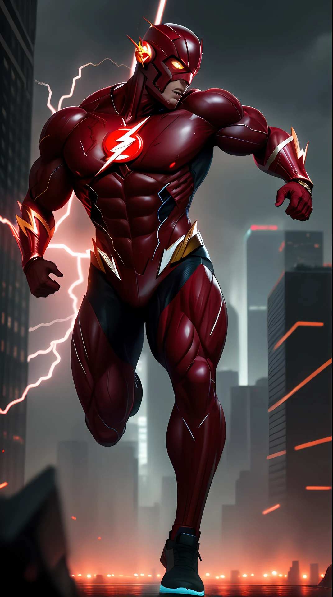 the flash , zombie, invoked mask,glowing red eyes, bodybuilder, running, in the background a city, lightning in the sky, ultra details, ultra realistic, cinematic , octane render, 16k