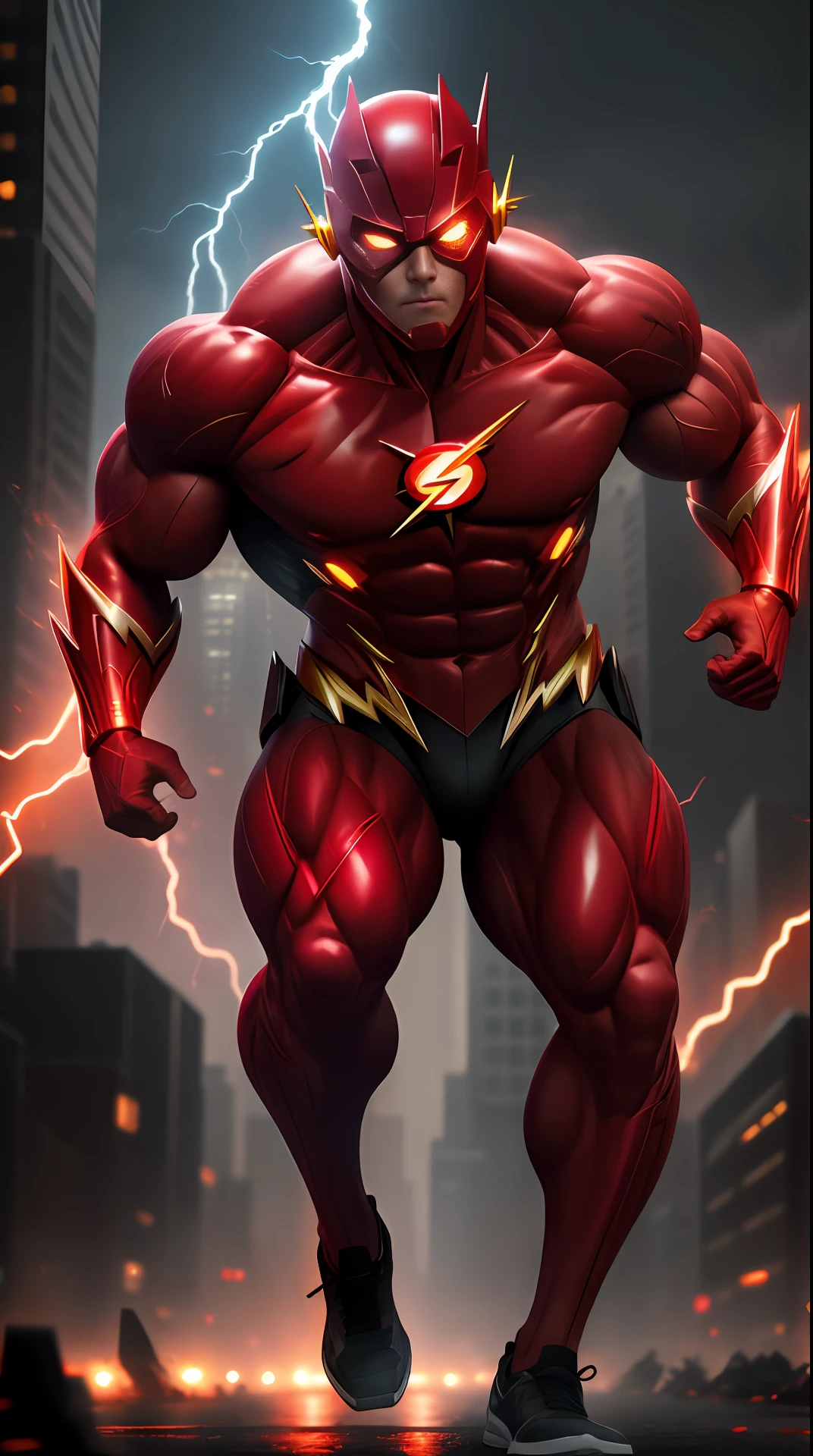 the flash , zombie, invoked mask,glowing red eyes, bodybuilder, running, in the background a city, lightning in the sky, ultra details, ultra realistic, cinematic , octane render, 16k