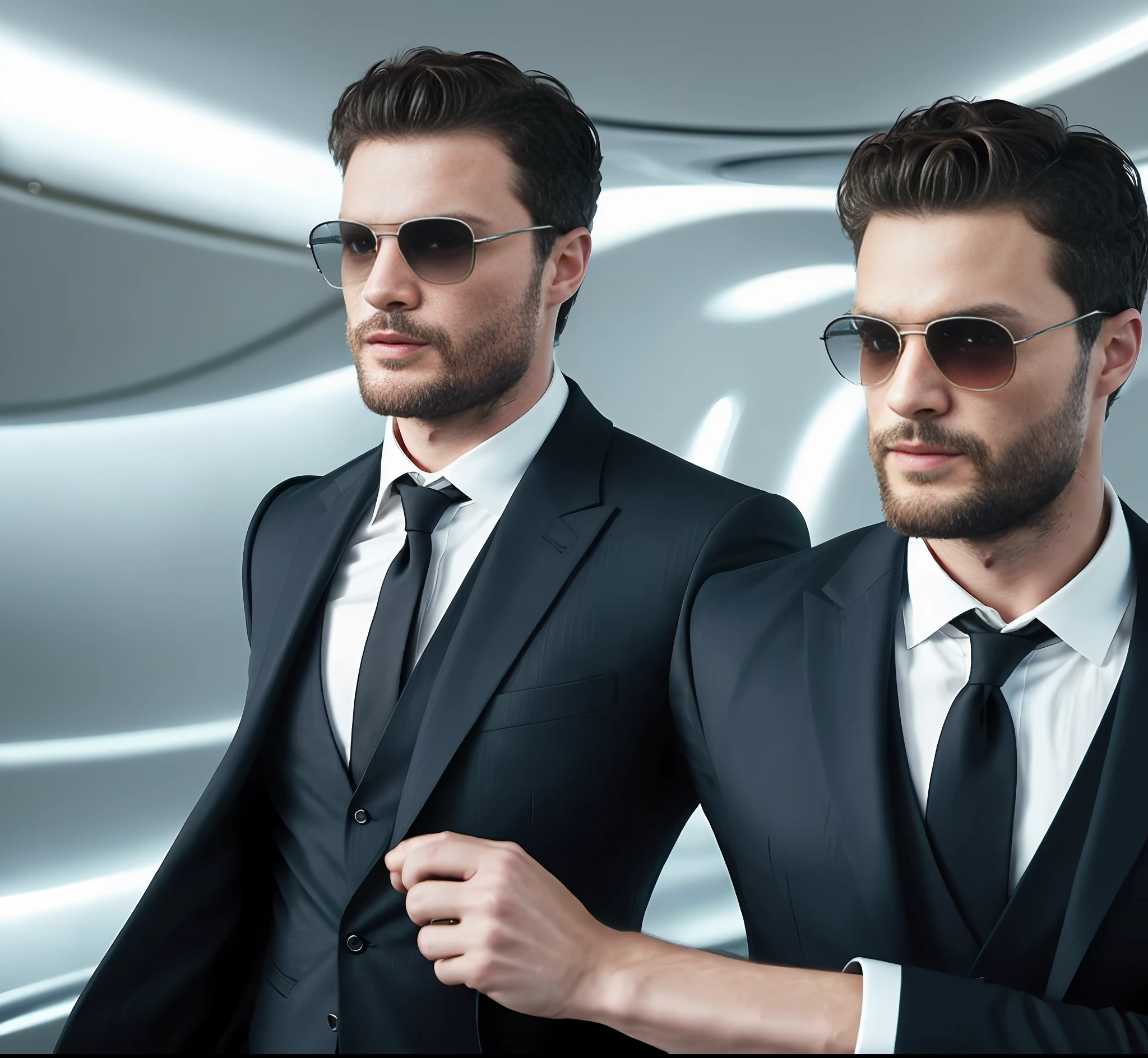 (Man coming out of private jet), Wearing suit, (Beard and attractive) movie scene, (Impeccable), with sunglasses, Serious and elegant man, Actor Jamie Dornan, with thick male eyebrows, secret agent 007 man style, (with mysterious and serious face,) short dark hair, elegant and elegant, body fit and strong fit in suit, airport background image, Man similar to actor Jamie Dornan, ( high quality and realistic image), ((Best Quality, 8k, Masterpiece).