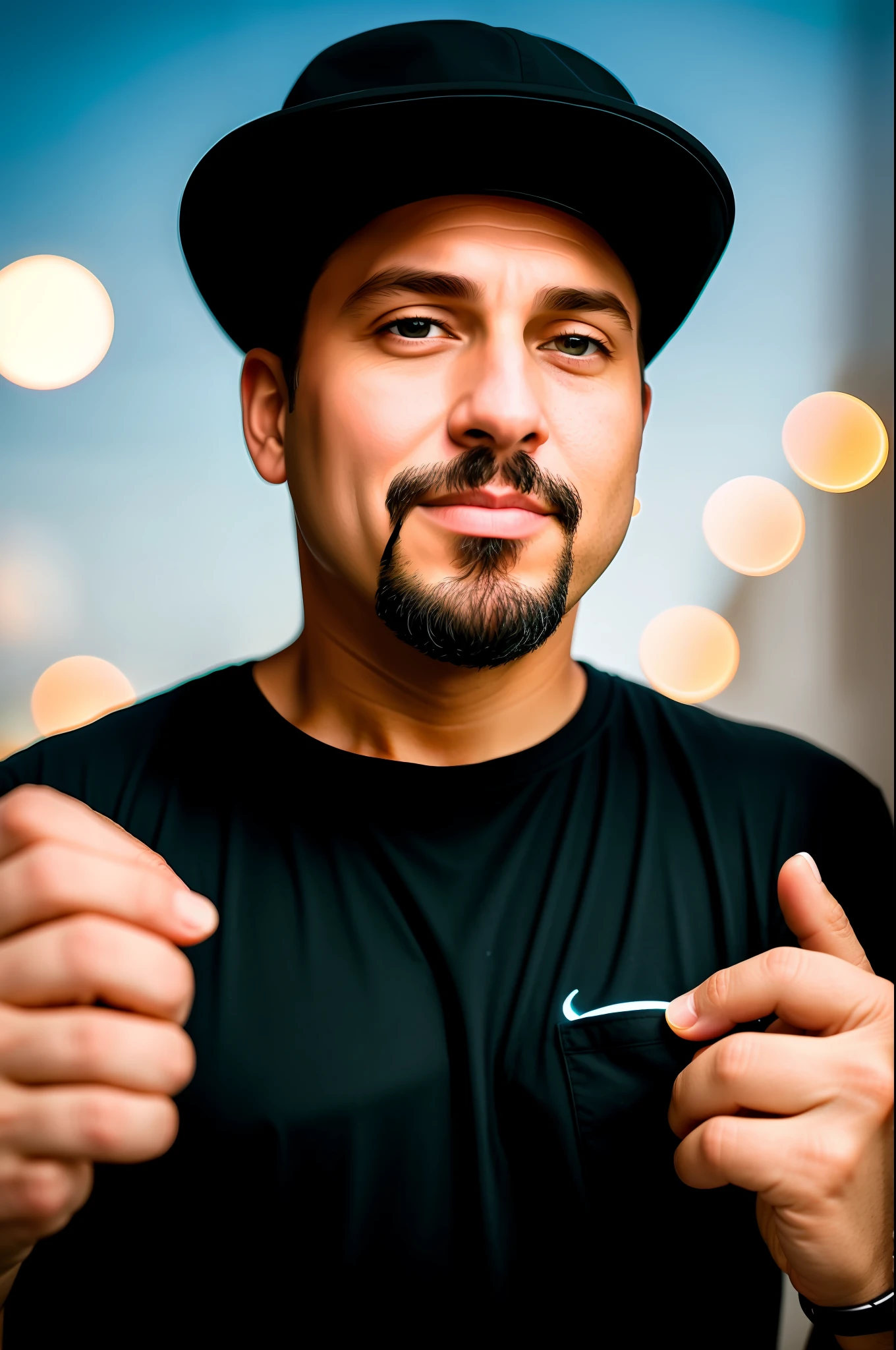 43 year old man with a goatee and black cap wearing a black shirt, Character portrait by Tibor Czorba, behance contest winner, les nabis, behance hd, studio photography, 16k, closeup, extraterrestrial, futurism, urbancore, 3d , cinematic, documentary photography, octane render, photorealistic, street photography, sunlight, soft lighting, radioluminescence, , ๐ ๐
, tomboy