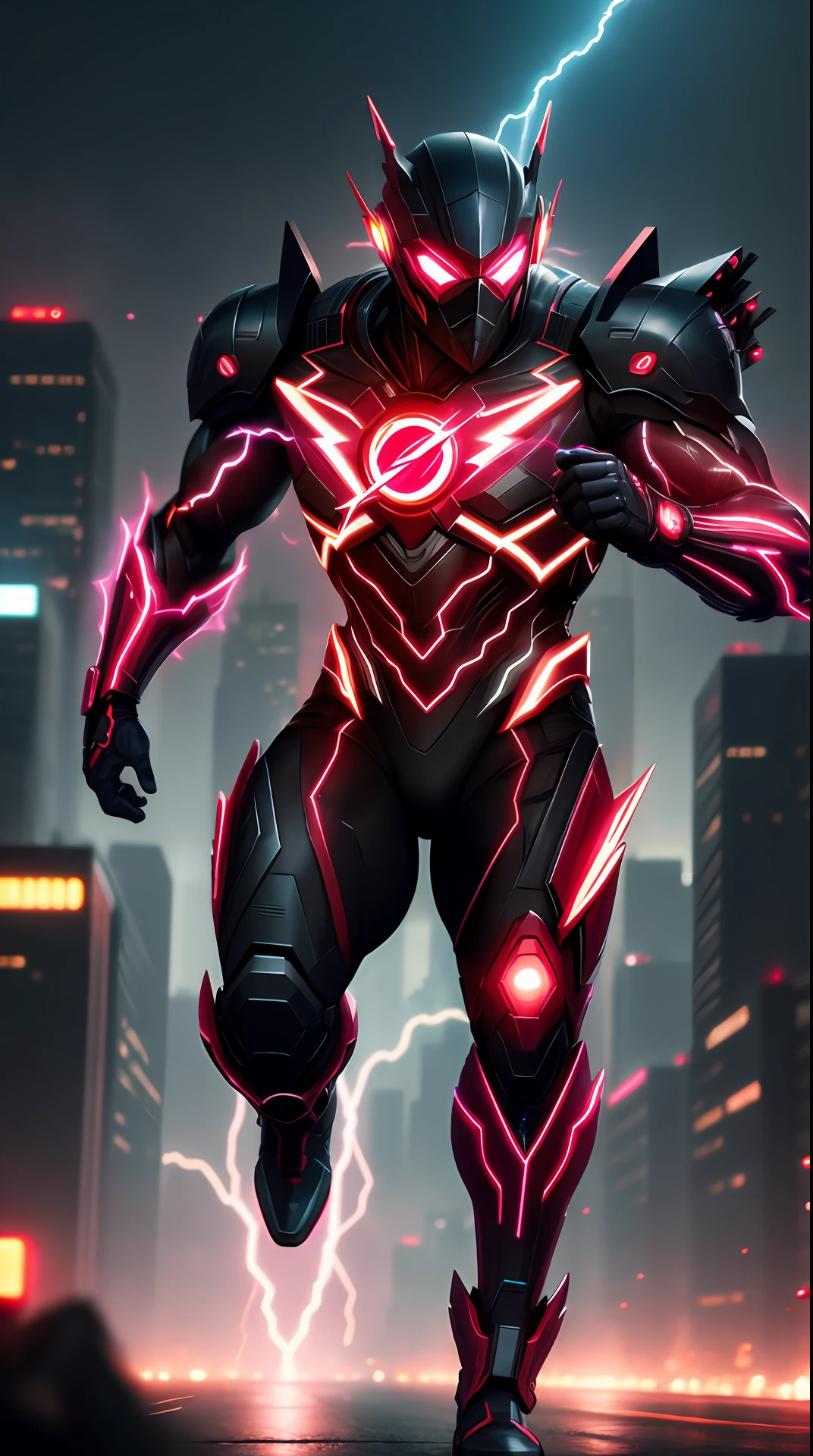 cyberpunk the flash , dark armor, invoked mask,glowing red eyes, bodybuilder, running, in the background a city, lightning in the sky, ultra details, ultra realistic, cinematic , octane render, 16k