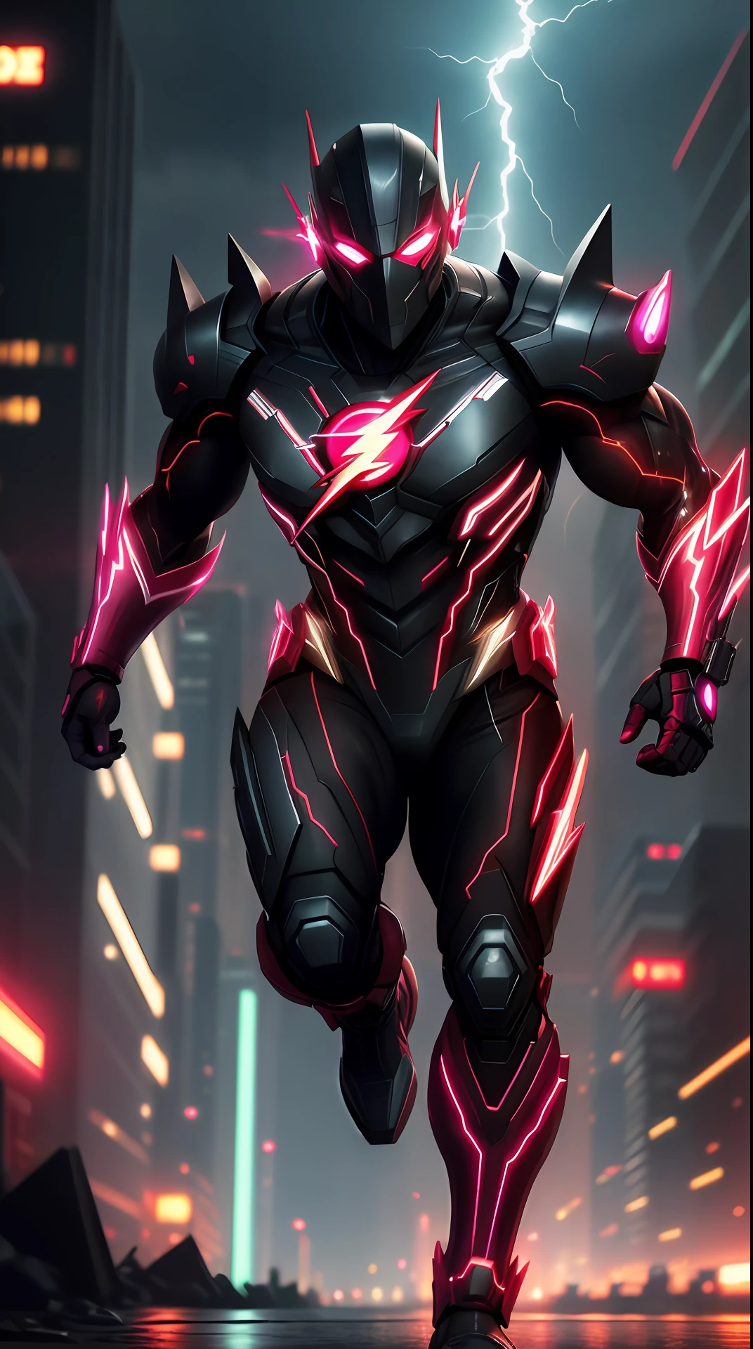cyberpunk the flash , dark armor, invoked mask,glowing red eyes, bodybuilder, running, in the background a city, lightning in the sky, ultra details, ultra realistic, cinematic , octane render, 16k