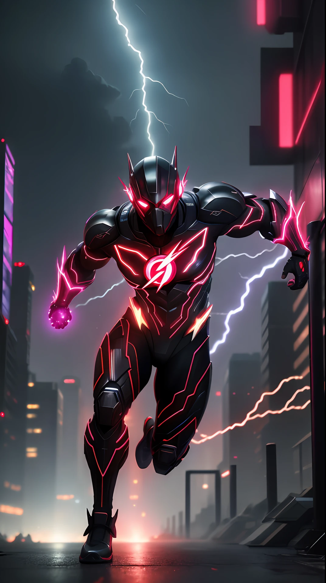 cyberpunk the flash , dark armor, invoked mask,glowing red eyes, bodybuilder, running, in the background a city, lightning in the sky, ultra details, ultra realistic, cinematic , octane render, 16k
