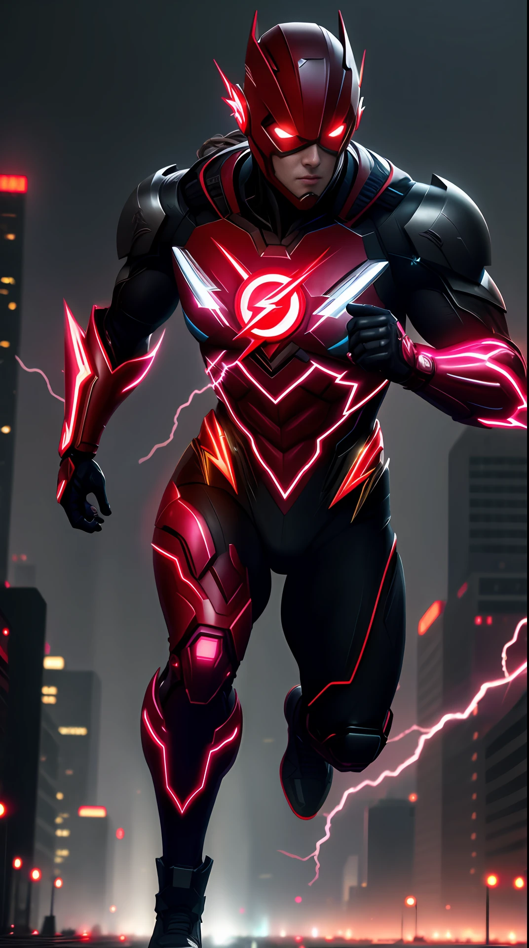 cyberpunk the flash , dark armor, invoked mask,glowing red eyes, bodybuilder, running, in the background a city, lightning in the sky, ultra details, ultra realistic, cinematic , octane render, 16k