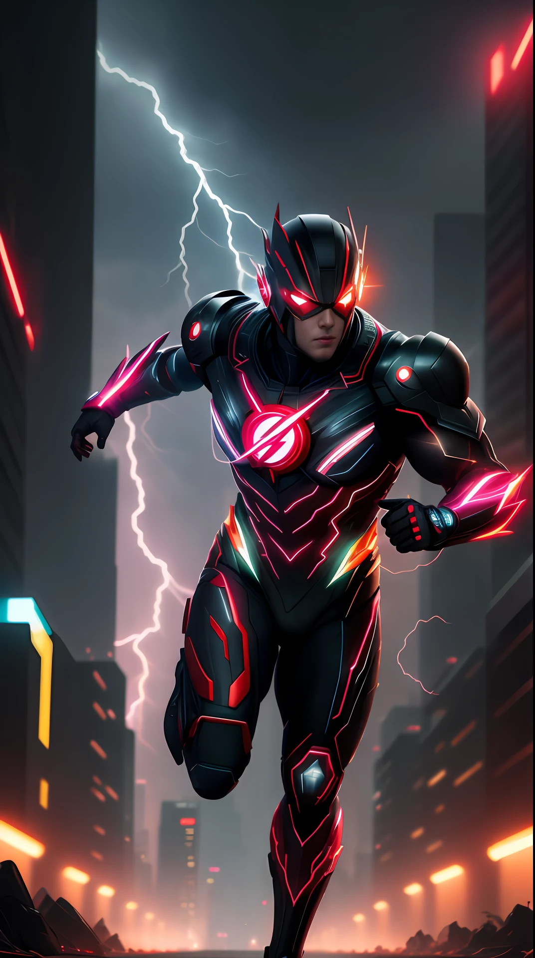 cyberpunk the flash , dark armor, invoked mask,glowing red eyes, bodybuilder, running, in the background a city, lightning in the sky, ultra details, ultra realistic, cinematic , octane render, 16k