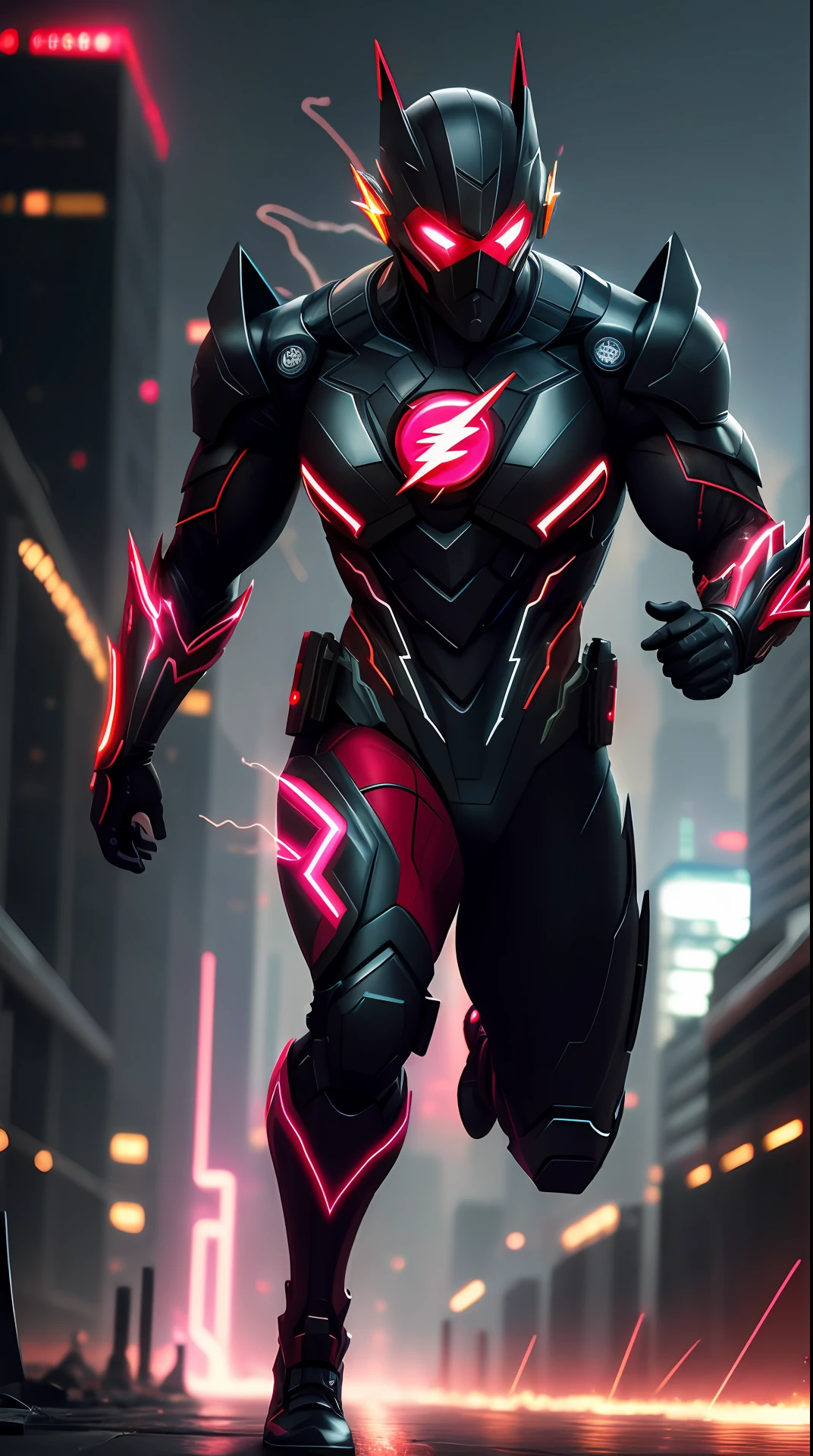 cyberpunk the flash , dark armor, invoked mask,glowing red eyes, bodybuilder, running, in the background a city, lightning in the sky, ultra details, ultra realistic, cinematic , octane render, 16k