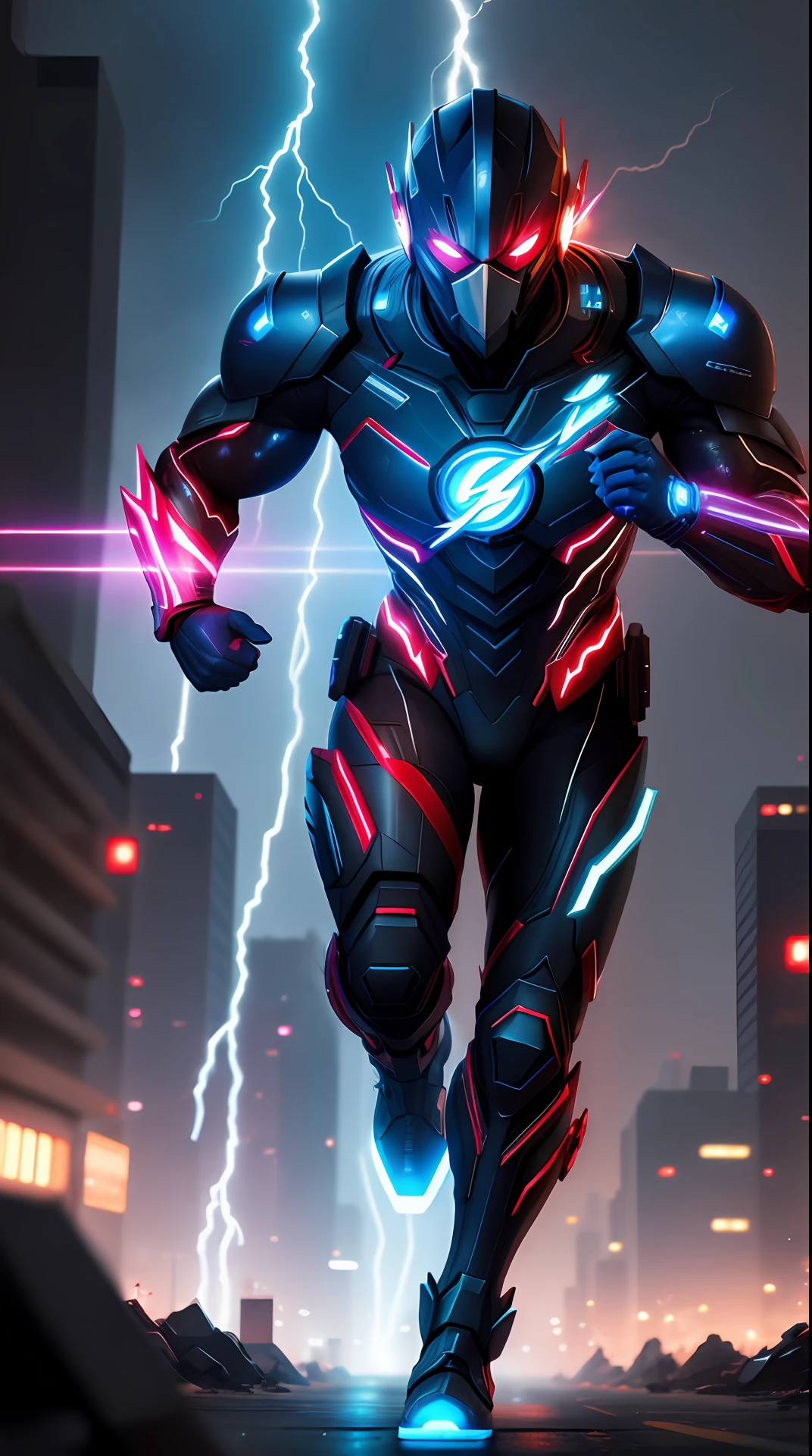 cyberpunk the flash , blue armor, invoked mask,glowing red eyes, bodybuilder, running, in the background a city, lightning in the sky, ultra details, ultra realistic, cinematic , octane render, 16k