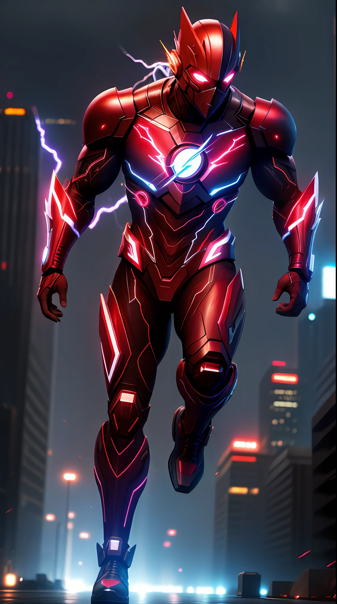 cyberpunk the flash , blue armor, invoked mask,glowing red eyes, bodybuilder, running, in the background a city, lightning in the sky, ultra details, ultra realistic, cinematic , octane render, 16k