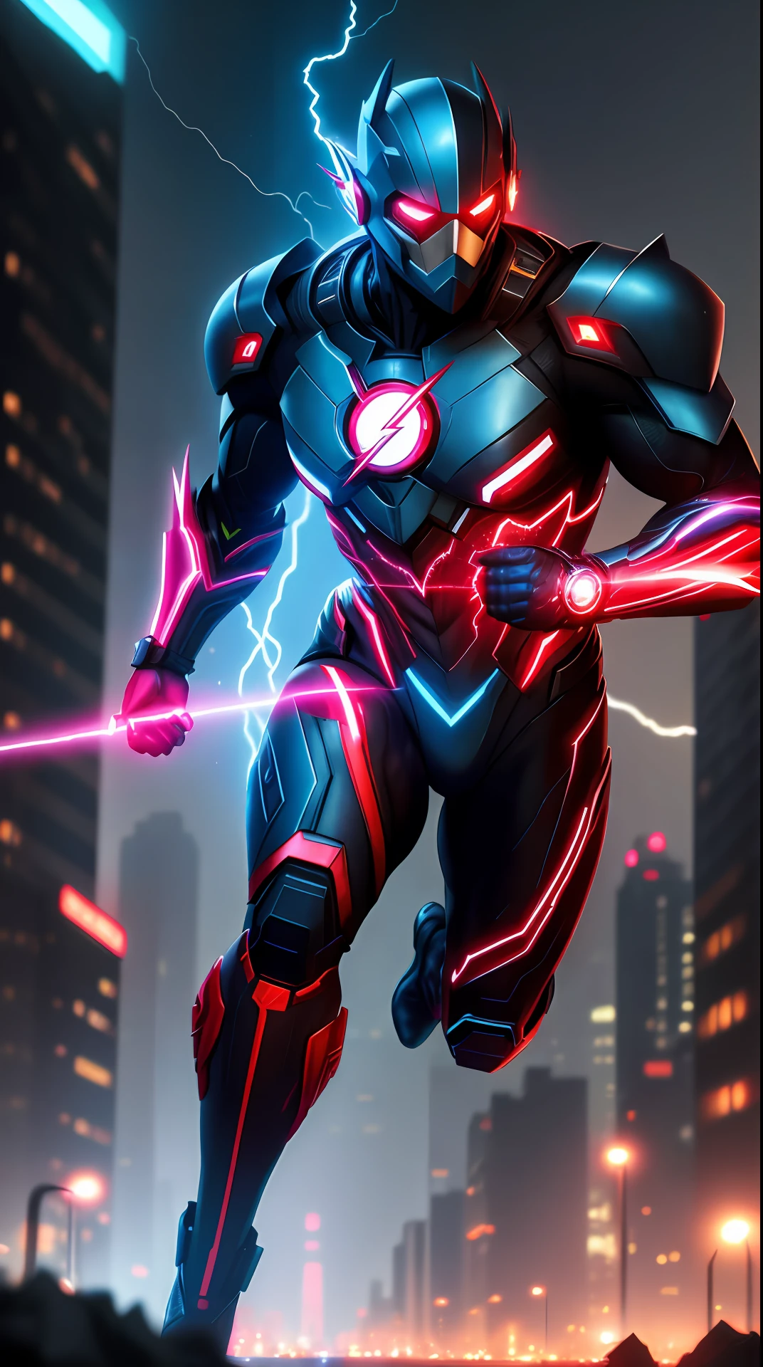 cyberpunk the flash , blue armor, invoked mask,glowing red eyes, bodybuilder, running, in the background a city, lightning in the sky, ultra details, ultra realistic, cinematic , octane render, 16k