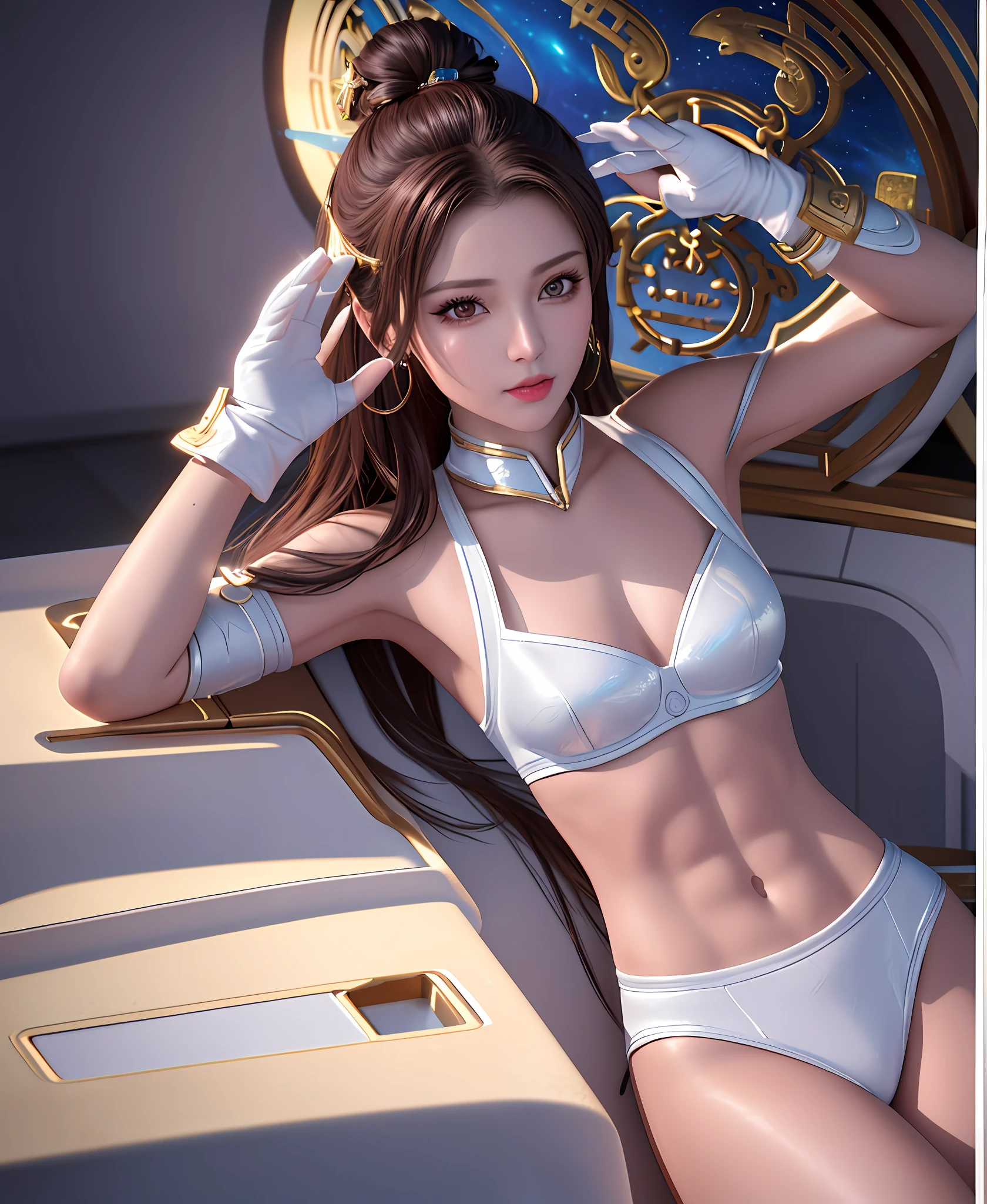 "Masterpiece, high quality, detailed, high resolution, 4k, 8k, realistic skin texture, amazing shadows, perfect lighting, hyper-realistic." A beautiful female captain of a space ship, space exploring, cosmic lights, (Chinese brown eyes, eye shadow, gloves, white light skin, small breasts, toned abs), sensual poses, inside her spaceship quarters
