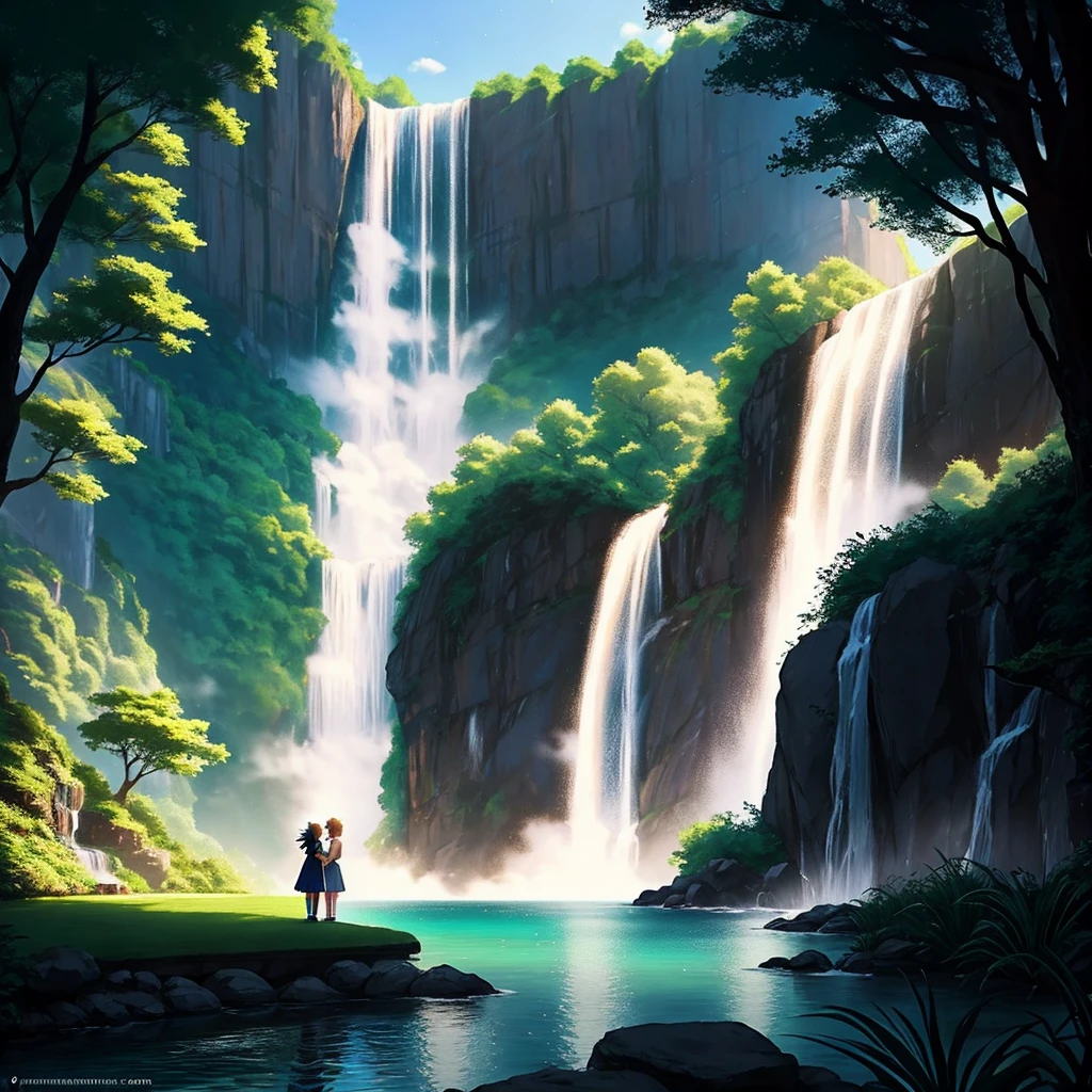 A powerful Saiyan prince and his daughter, now grown up and in love. The scene takes place in a serene, natural setting with a waterfall and lush greenery, creating a peaceful mood. The atmosphere is romantic and intimate, with the couple lost in each other's eyes. The lighting is soft and warm, highlighting their features and adding a dreamy quality to the image. A subtle glow surrounds them, symbolizing their love and connection as they stand together, hand in hand, ready to conquer any challenge as a team