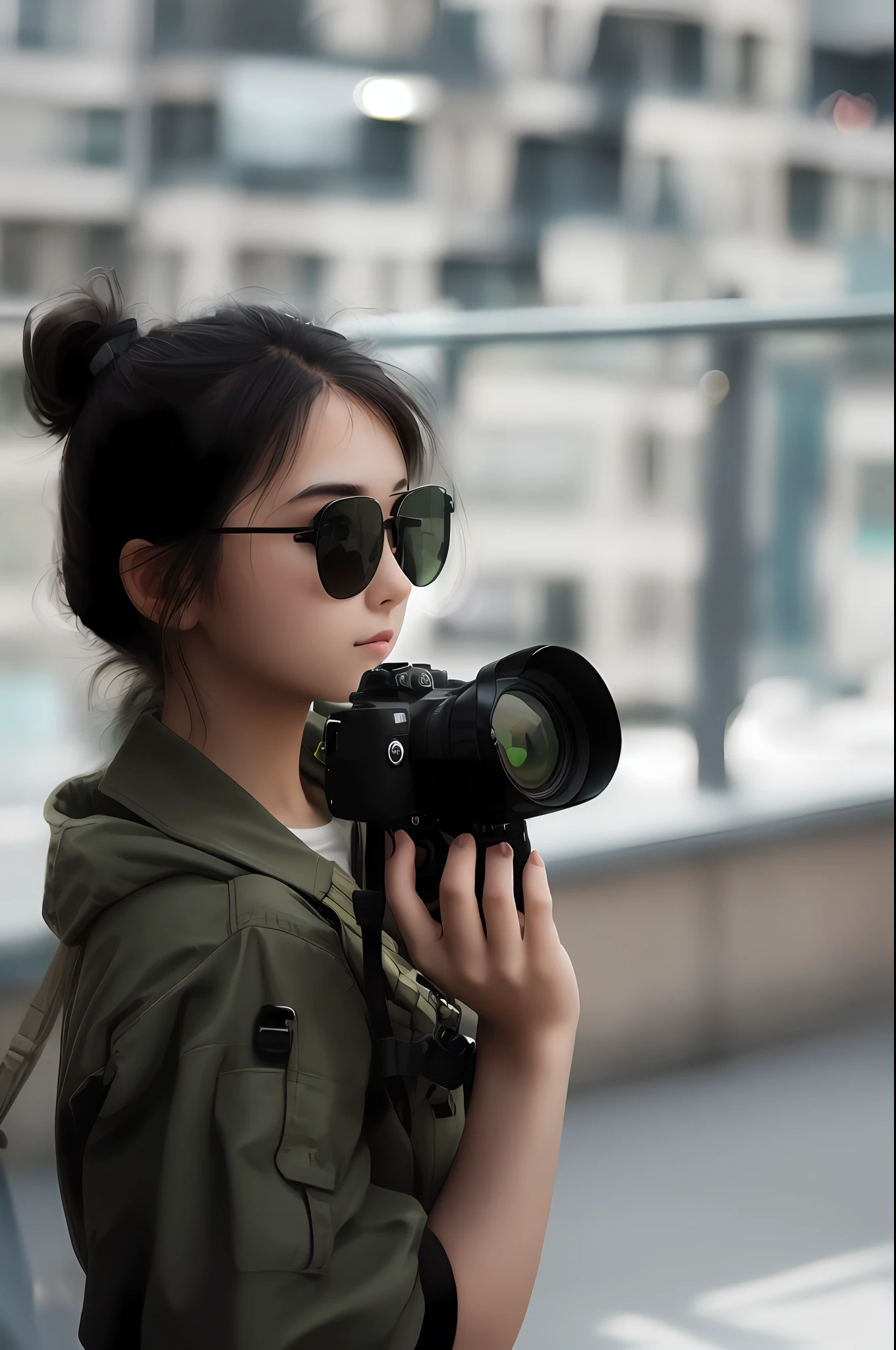 Girl, wearing sunglasses, army green clothes, holding a DSLR camera