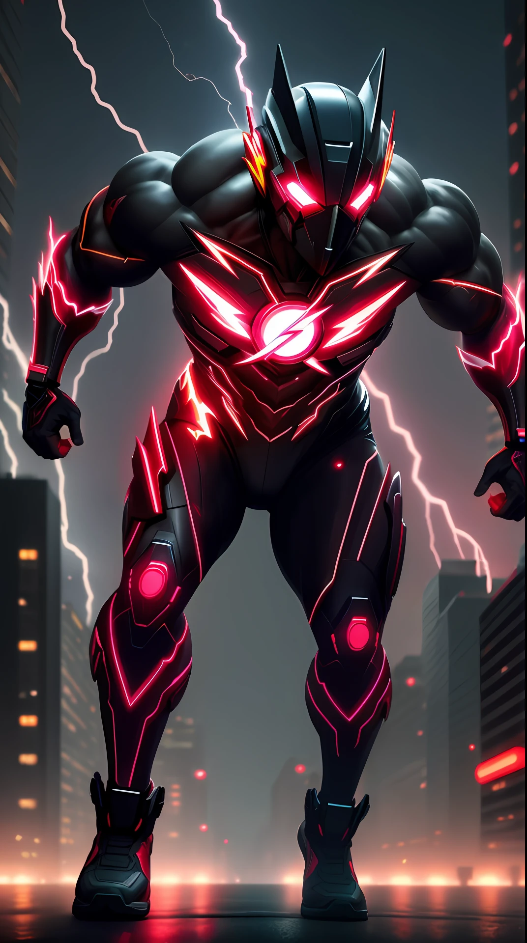 cyberpunk the flash , invoked mask,glowing red eyes, bodybuilder, running, in the background a city, lightning in the sky, ultra details, ultra realistic, cinematic , octane render, 16k