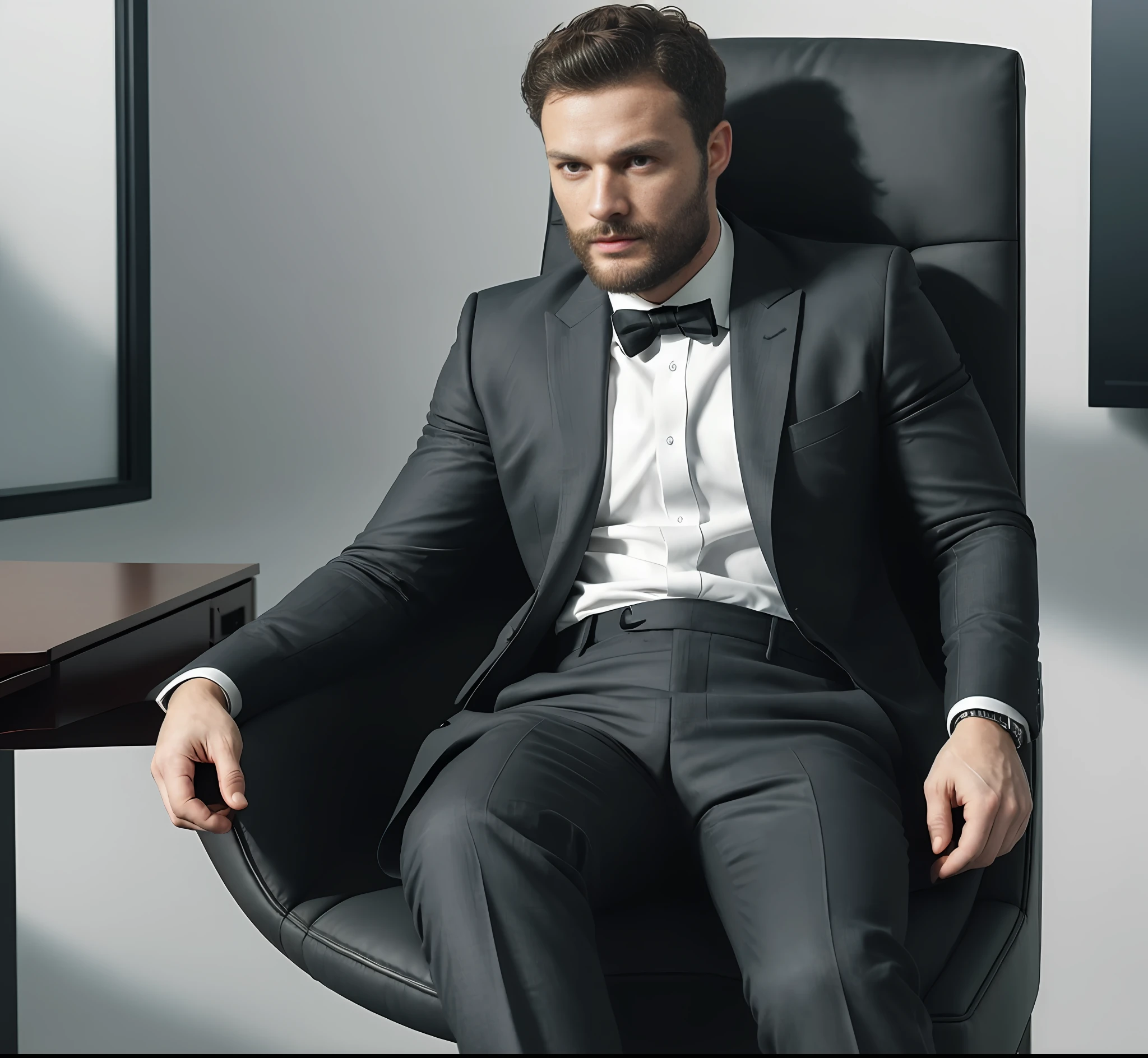 (Man ceo sitting in office chair), Wearing suit, (Beard and attractive) movie scene, (Impeccable), Serious and elegant man, Actor Jamie Dornan, with thick male eyebrows, secret agent 007 man style, (with mysterious and serious face,) short dark hair, elegant and elegant, body fit and strong fit in suit, Man similar to actor Jamie Dornan, ( high quality and realistic image), ((Best Quality, 8k, Masterpiece).