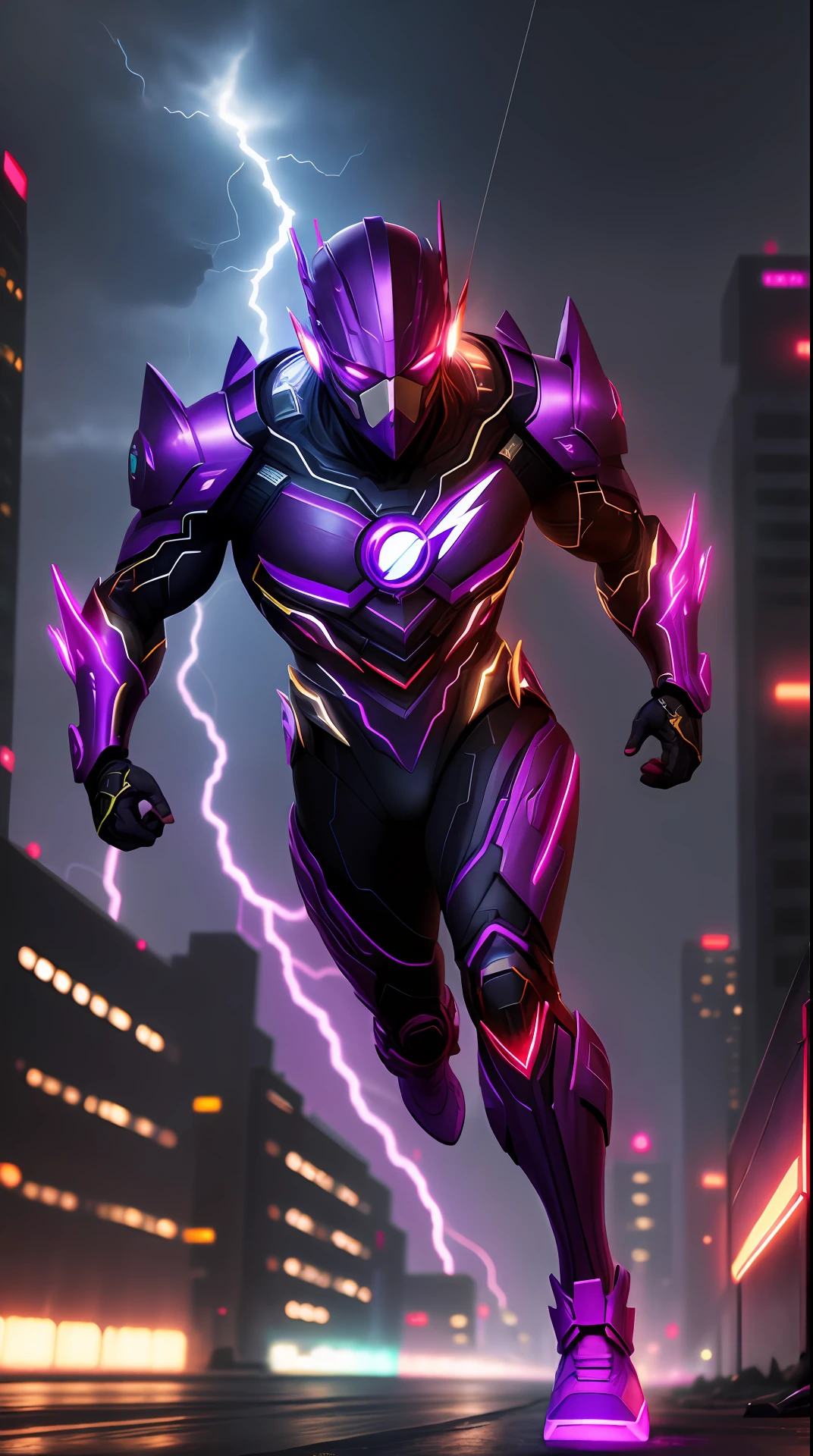 cyberpunk the flash , purple armor, invoked mask,glowing red eyes, bodybuilder, running, in the background a city, lightning in the sky, ultra details, ultra realistic, cinematic , octane render, 16k