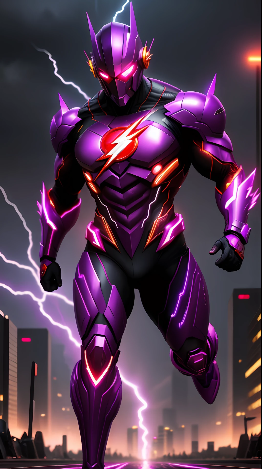 cyberpunk the flash , purple armor, invoked mask,glowing red eyes, bodybuilder, running, in the background a city, lightning in the sky, ultra details, ultra realistic, cinematic , octane render, 16k
