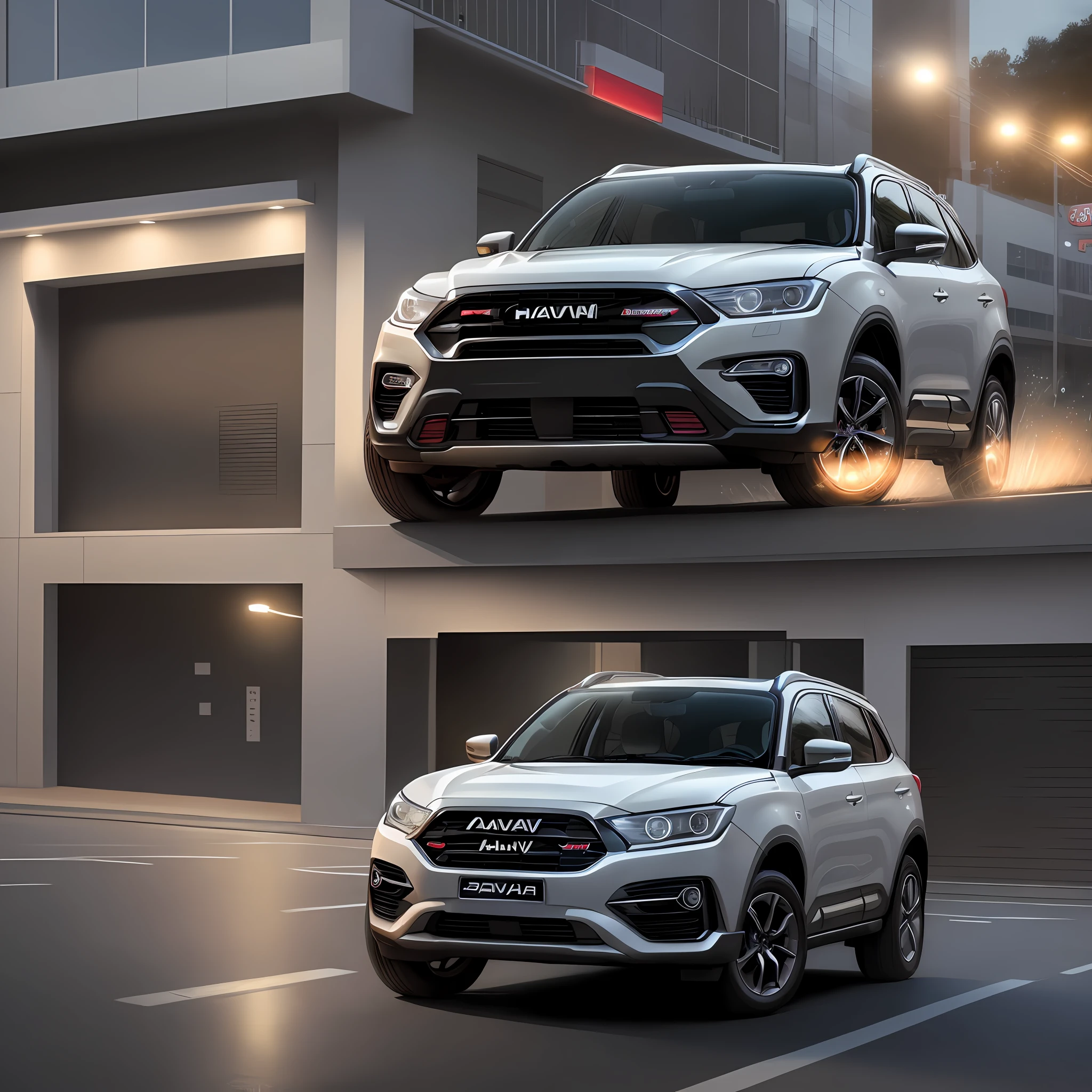 A Haval H6 car turns on its lights on the road at 8 p.m