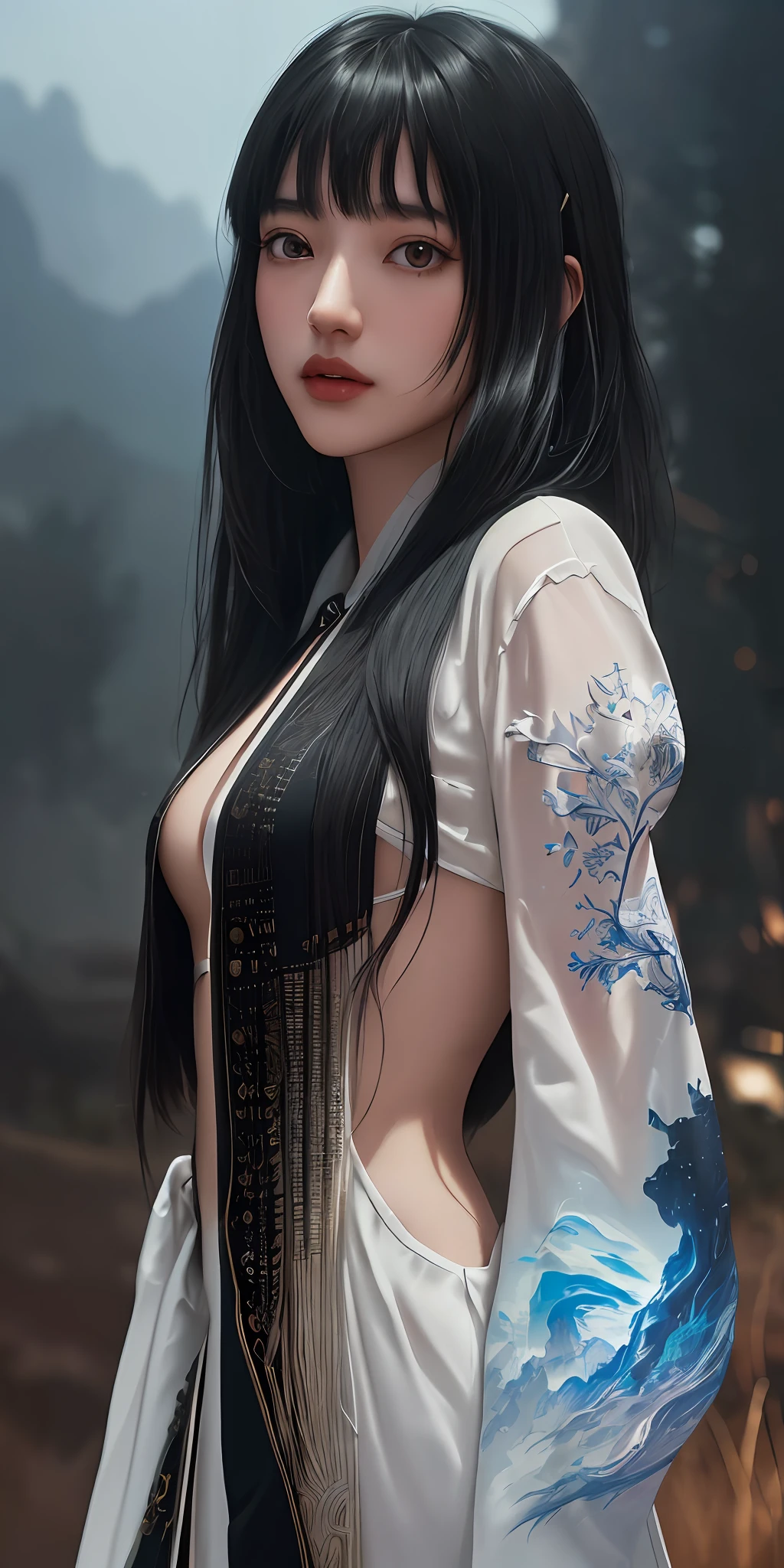 Create an ((extremely detailed 8k CG unity wallpaper)) featuring a university girl with black hair and bangs in a surrealistic landscape. This ((masterpiece)) should exhibit ((intricate details)) and an ((UHD landscape)) with a mesmerizing and dreamlike quality. Employ ((better light)) and ((better color)) techniques to bring out the essence of Salvador Dalí's visionary art. Incorporate the talents of Salvador Dalí, Artgerm Lau, and Greg Rutkowski to create an ((best artist)) and ((best designer)) creation that showcases ((intricate details)) and achieves the ((best quality))
