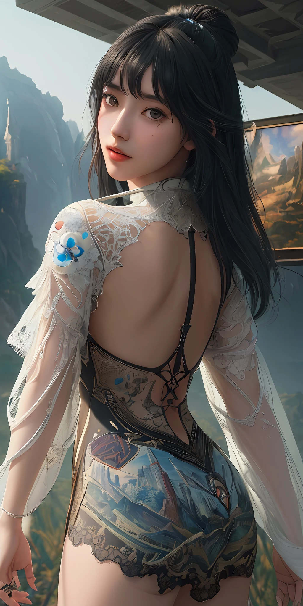 Create an ((extremely detailed 8k CG unity wallpaper)) featuring a university girl with black hair and bangs in a surrealistic landscape. This ((masterpiece)) should exhibit ((intricate details)) and an ((UHD landscape)) with a mesmerizing and dreamlike quality. Employ ((better light)) and ((better color)) techniques to bring out the essence of Salvador Dalí's visionary art. Incorporate the talents of Salvador Dalí, Artgerm Lau, and Greg Rutkowski to create an ((best artist)) and ((best designer)) creation that showcases ((intricate details)) and achieves the ((best quality))