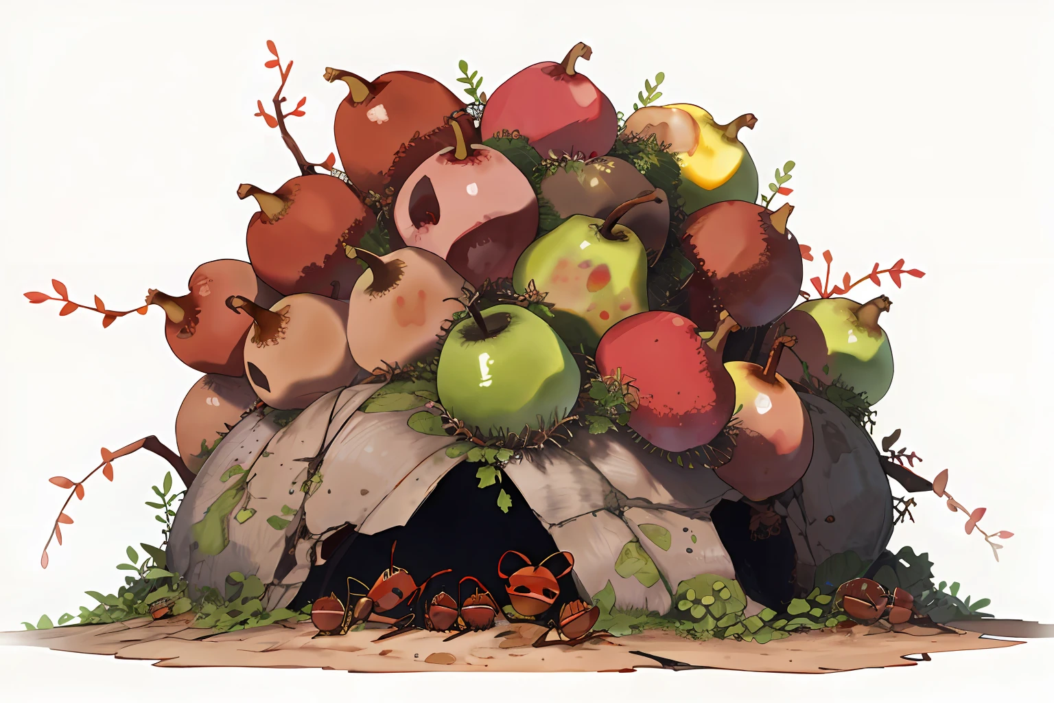 wrinkled, rotten pear, anthill, ants, rotting fruit