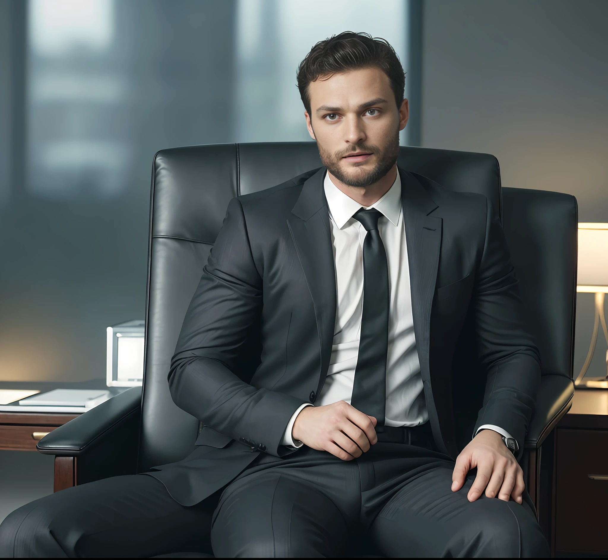 (Man ceo sitting in office chair), Wearing suit, (Beard and attractive) movie scene, (Impeccable), Serious and elegant man, Actor Jamie Dornan, with thick male eyebrows, secret agent 007 man style, (with mysterious and serious face,) short dark hair, elegant and elegant, body fit and strong fit in suit, Man similar to actor Jamie Dornan,  ( high quality and realistic image), ((Best Quality, 8k, Masterpiece).