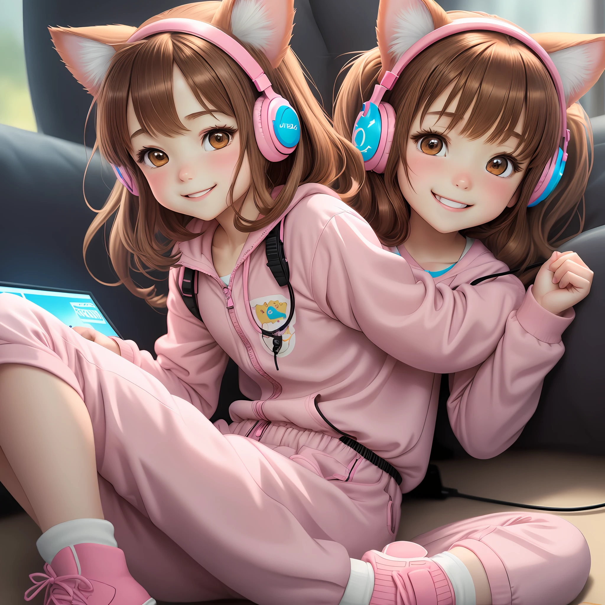 Anime style drawing, high definition, beautiful illustration, little girl with brown hair, wearing pink headphones and kitten ears, playing video games, wearing pink jumpsuits, vibrant runners, smiling