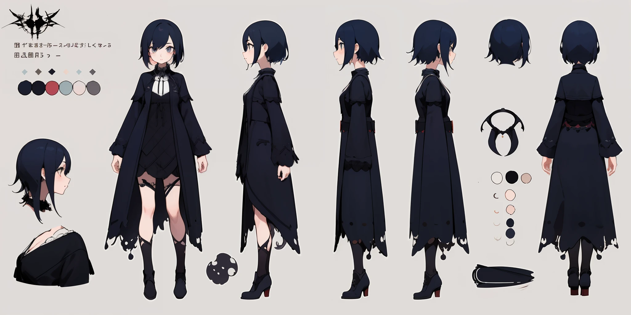 ung girl, character sheet, concept art, full body, (masterpiece:1.2), (best quality:1.3), 1girl, standing, emo gothic