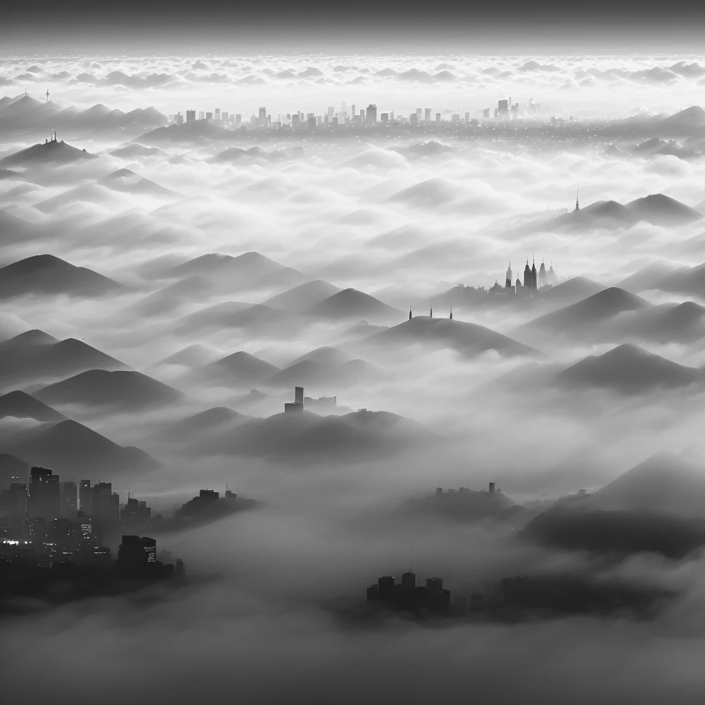 city covered in fine fog, hyper realistic, b/w, 4k