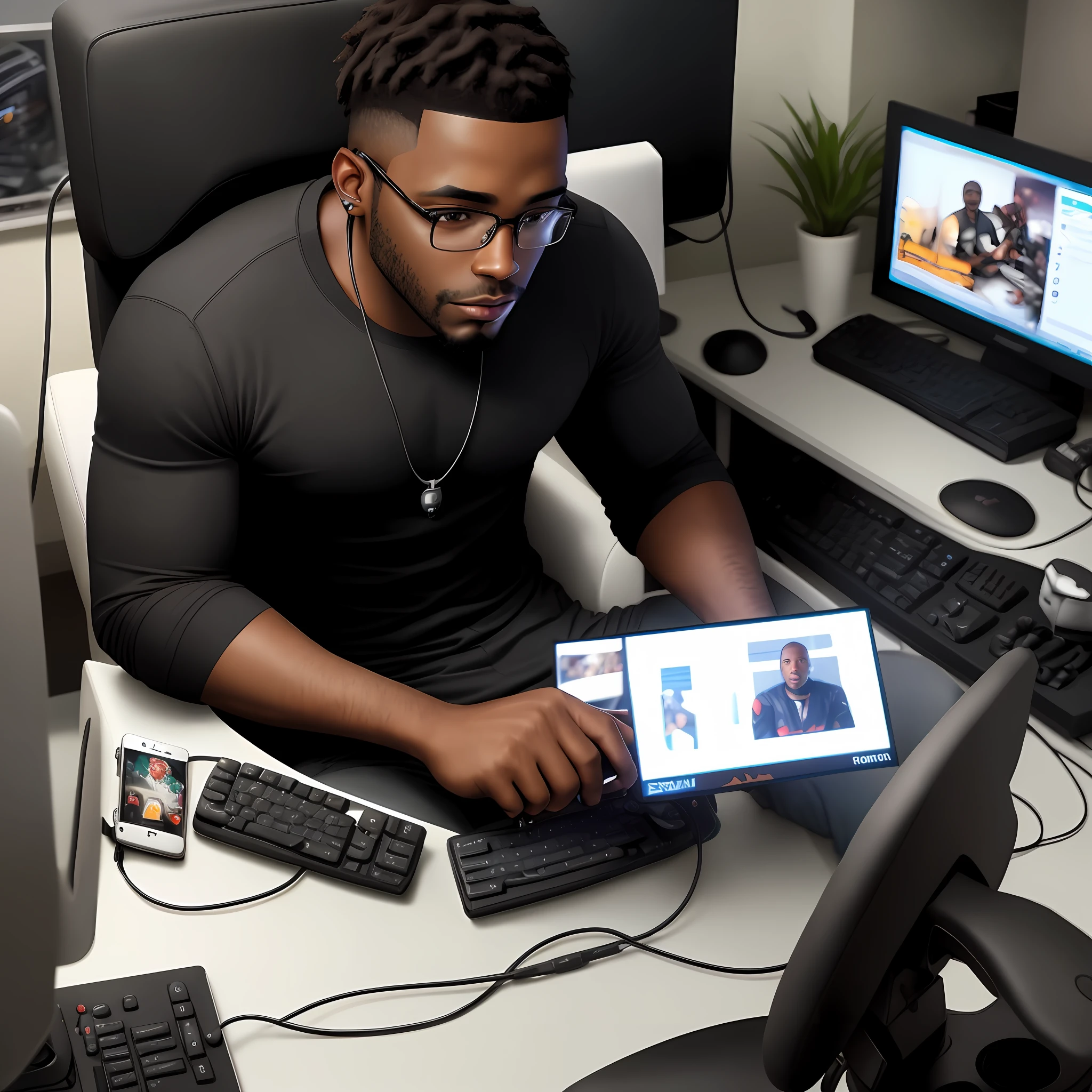 realistic black man sitting in his gamer chair watching videos on his computer