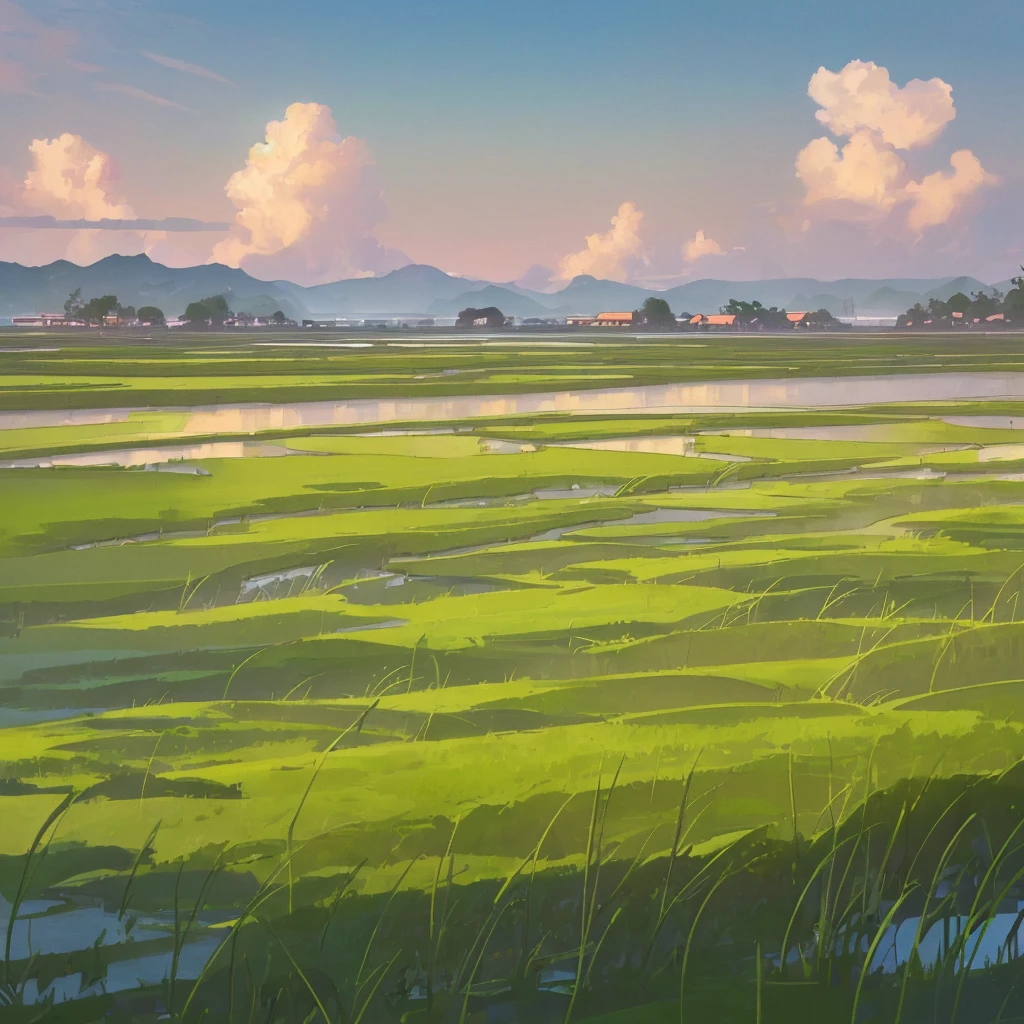 Landscape,((masterpiece)),((bestquality)),((topquality)),Green sea grass, there are many brown ruins of buildings, beautiful sky, colored sky, clouds,Not paddy fields but meadows