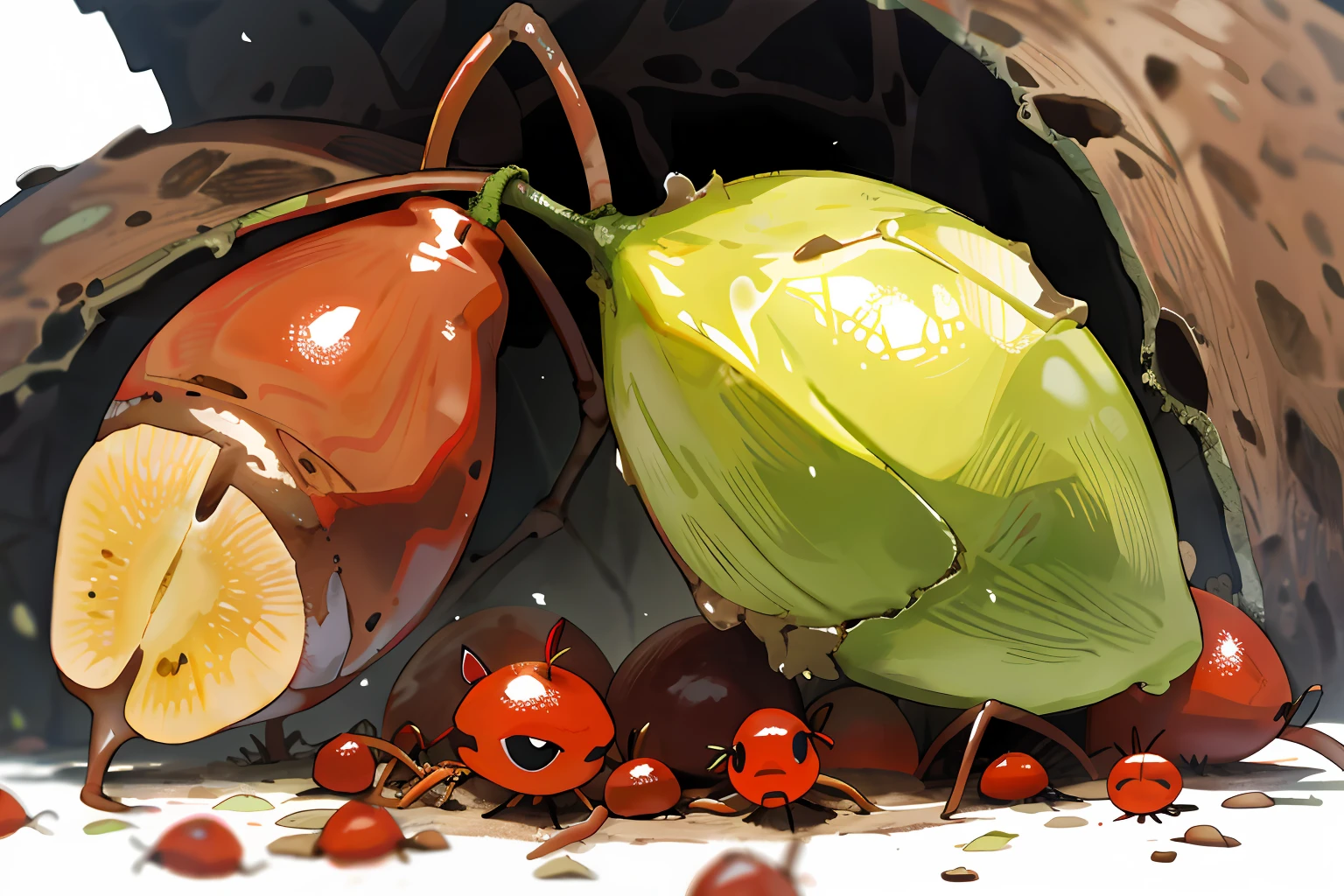 wrinkled, rotten pear, anthill, ants, rotting fruit