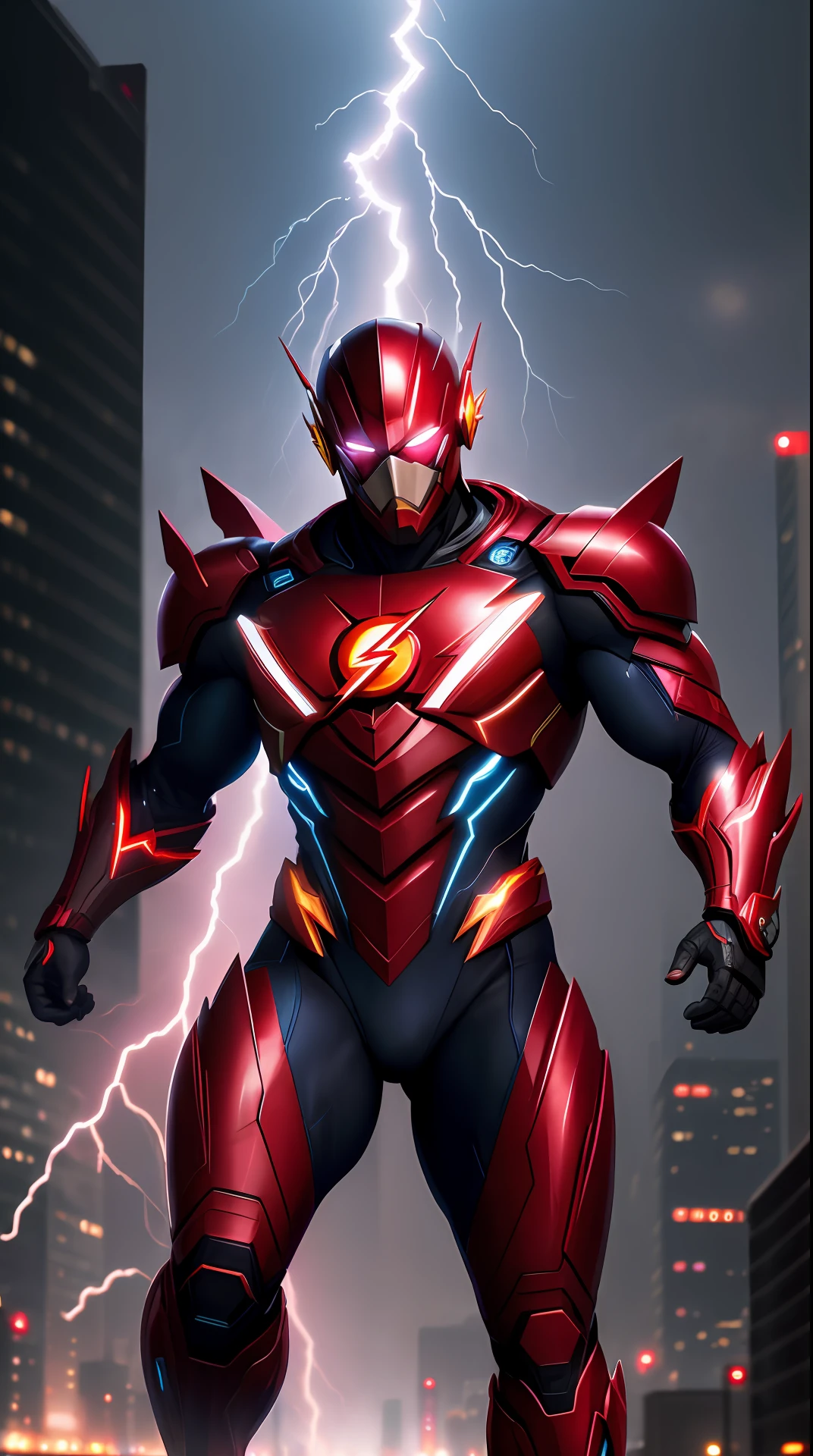 cyberpunk the flash , blue armor, invoked mask,glowing red eyes, bodybuilder, running, in the background a city, lightning in the sky, ultra details, ultra realistic, cinematic , octane render, 16k