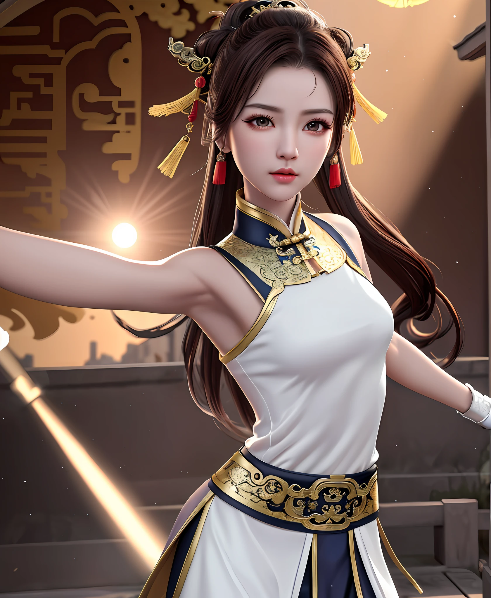 "Masterpiece, high quality, detailed, high resolution, 4k, 8k, realistic skin texture, amazing shadows, perfect lighting, hyper-realistic." A beautiful female kung-fu warrior, cosmic lights, (Chinese brown eyes, eye shadow, gloves, white light skin, small breasts, toned abs), insane chinese city on the background