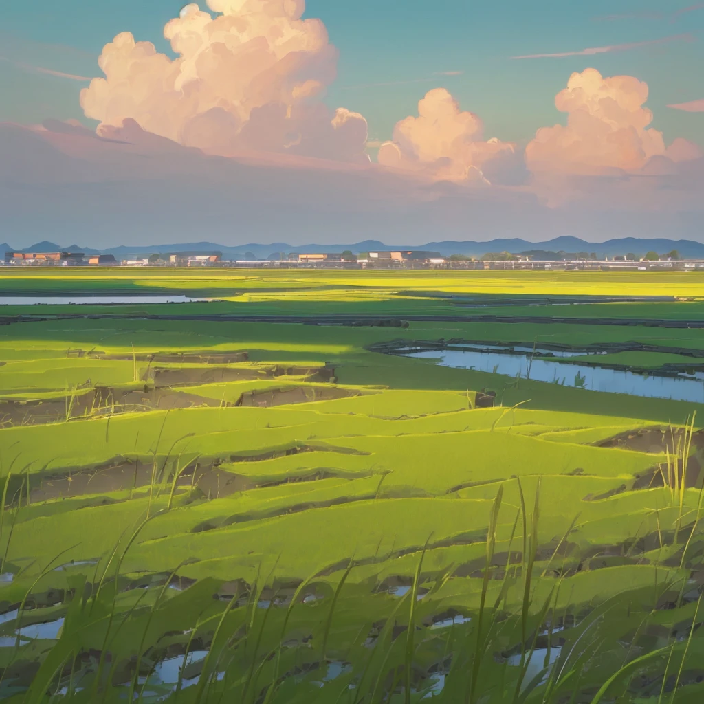Landscape,((masterpiece)),((bestquality)),((topquality)),Green sea grass, there are many brown ruins of buildings, beautiful sky, colored sky, clouds,Not paddy fields but meadows