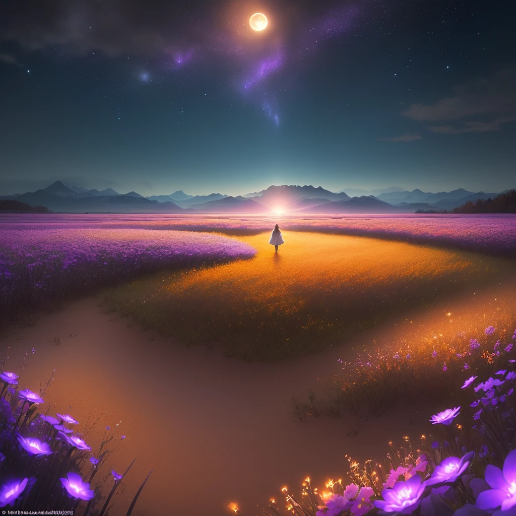 Vast landscape photo, (viewed from below, the sky is above and the open field is below), a girl standing on a flower field looking up, (full moon: 1.2), (meteor: 0.9), (nebula: 1.3), distant mountains , Trees BREAK Crafting Art, (Warm Light: 1.2), (Fireflies: 1.2), Lights, Lots of Purple and Orange, Intricate Details, Volumetric Lighting, Realism BREAK (Masterpiece: 1.2), (Best Quality), 4k, Ultra-Detailed, (Dynamic Composition: 1.4), Very Detailed, Colorful Details, (Rainbow Colors: 1.2), (Glow Lighting, Atmospheric Lighting), Dreamy, Magical, (Solo: 1.2)