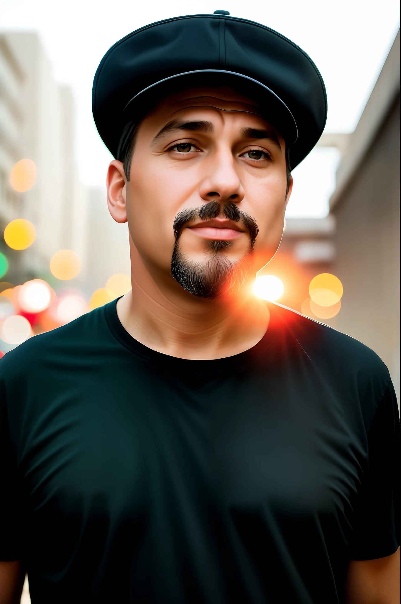47-year-old man with little goatee and black cap wearing a black shirt, almost bald, shaven beard, character portrait by Tibor Czorba, winner of the contest behance, les nabis, behance hd, studio photography, 16k, closeup, extraterrestrial, futurism, urbancore, 3d, cinematic, documentary photography, octane render, photorealistic, street photography, sunlight, soft lighting, radioluminescence, , , 🌞 🍅  Tomboy
